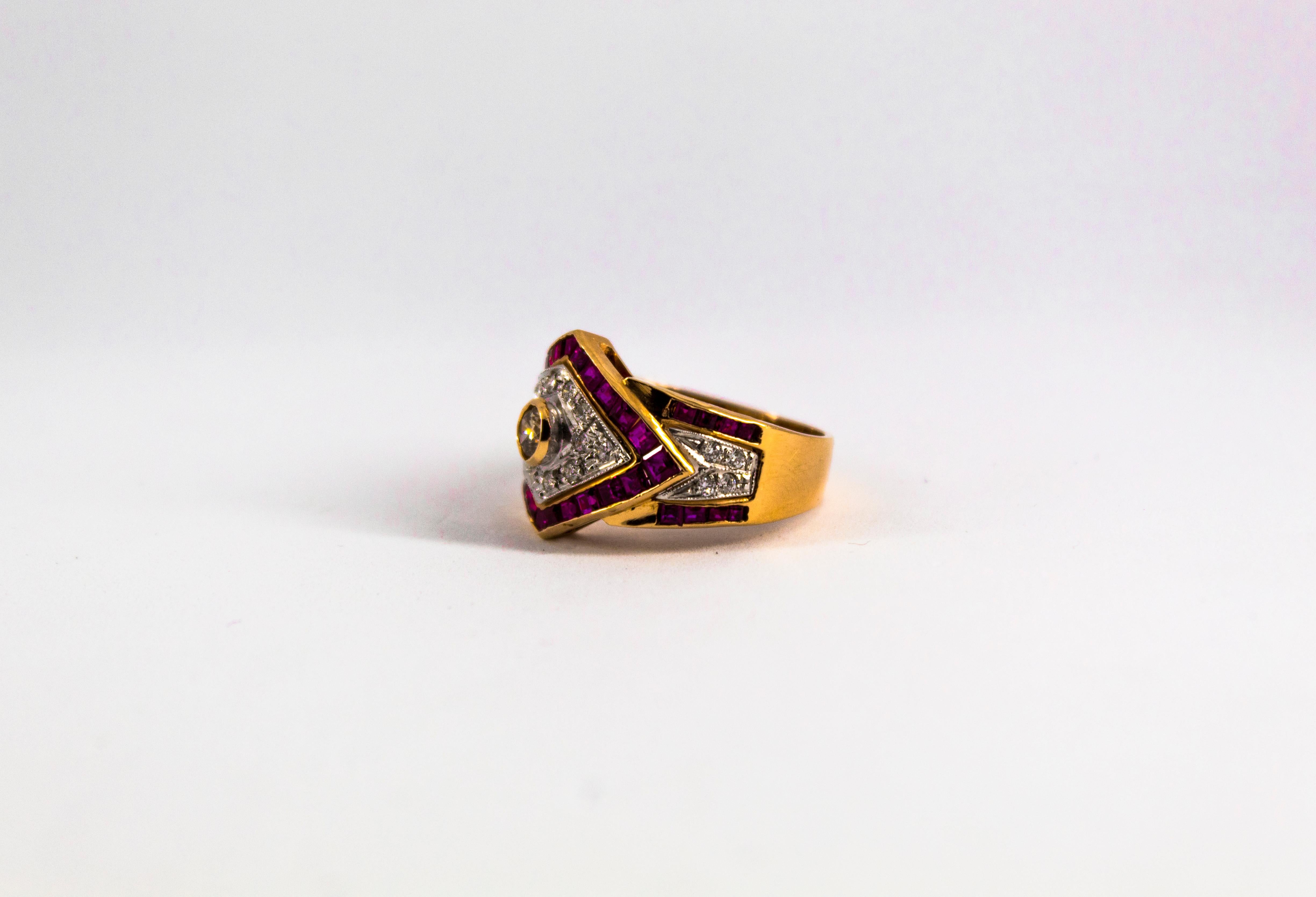 Art Deco Style 0.60 Carat White Diamond 1.53 Carat Ruby Yellow Gold Band Ring For Sale 2