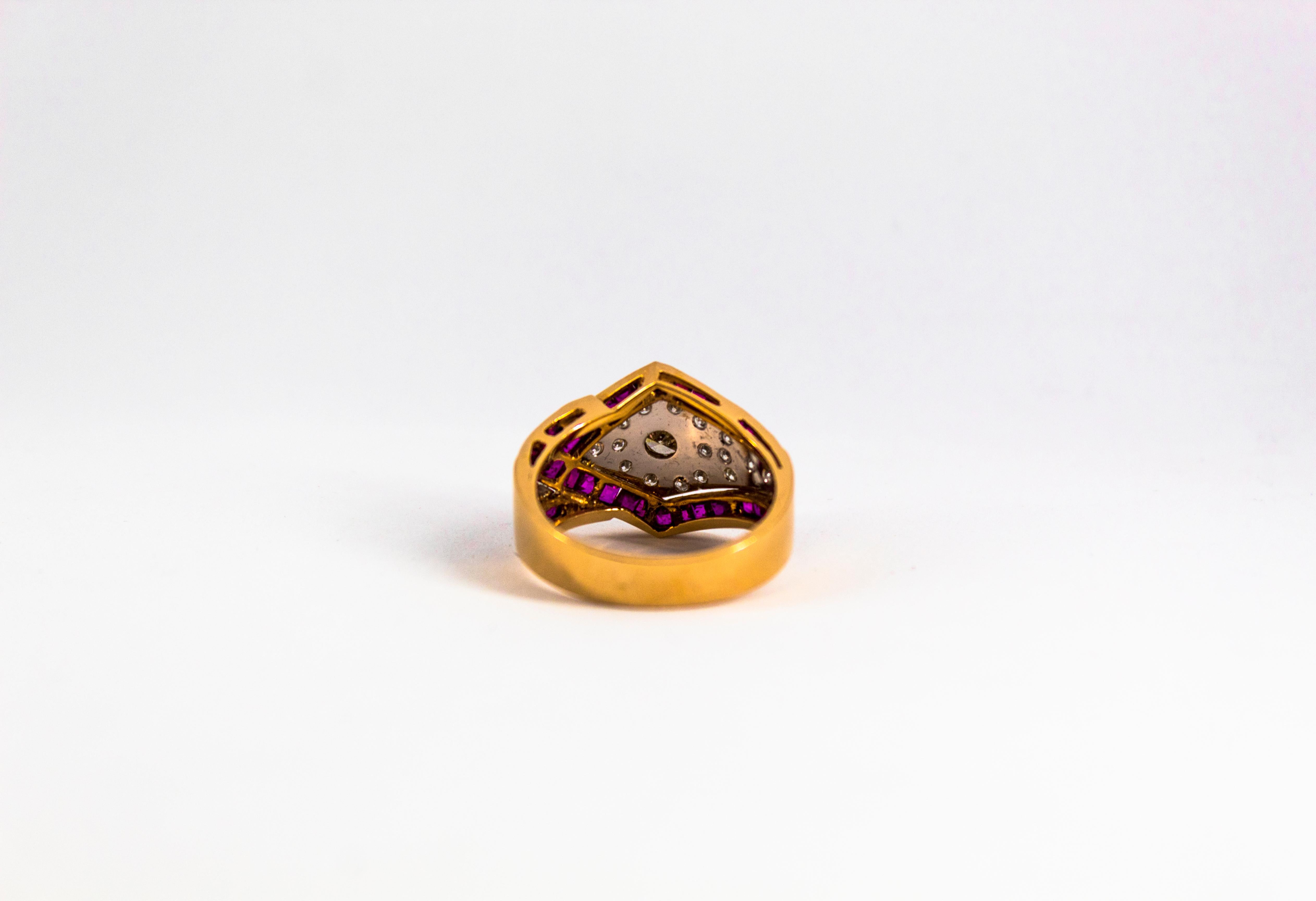 Art Deco Style 0.60 Carat White Diamond 1.53 Carat Ruby Yellow Gold Band Ring 3
