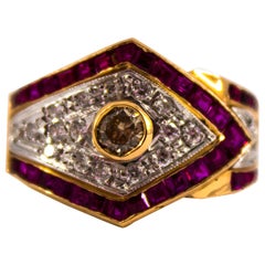 Art Deco Style 0.60 Carat White Diamond 1.53 Carat Ruby Yellow Gold Band Ring