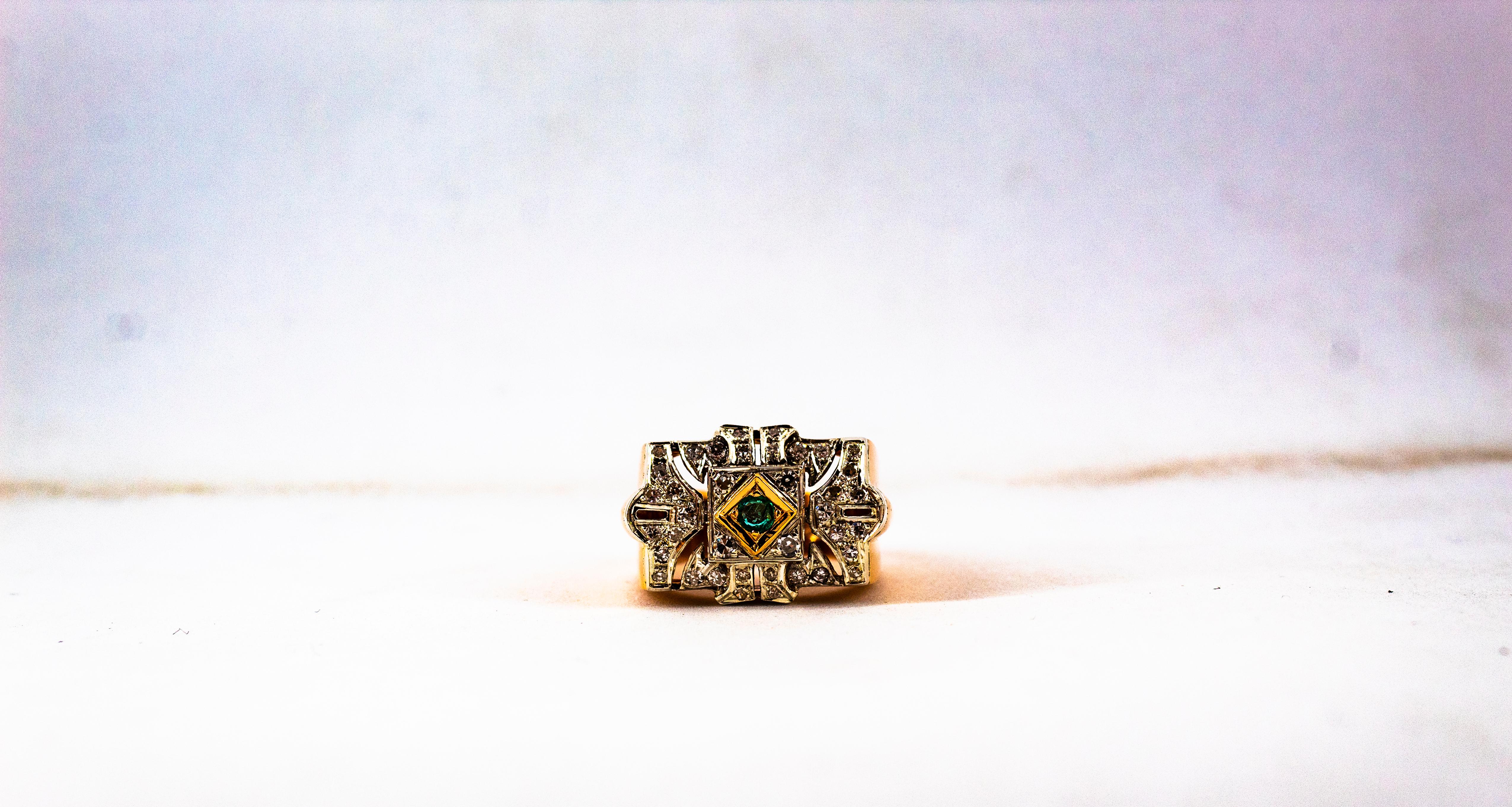 Art Deco Style 0.60 Carat White Diamond Emerald Yellow Gold Cocktail Ring For Sale 7