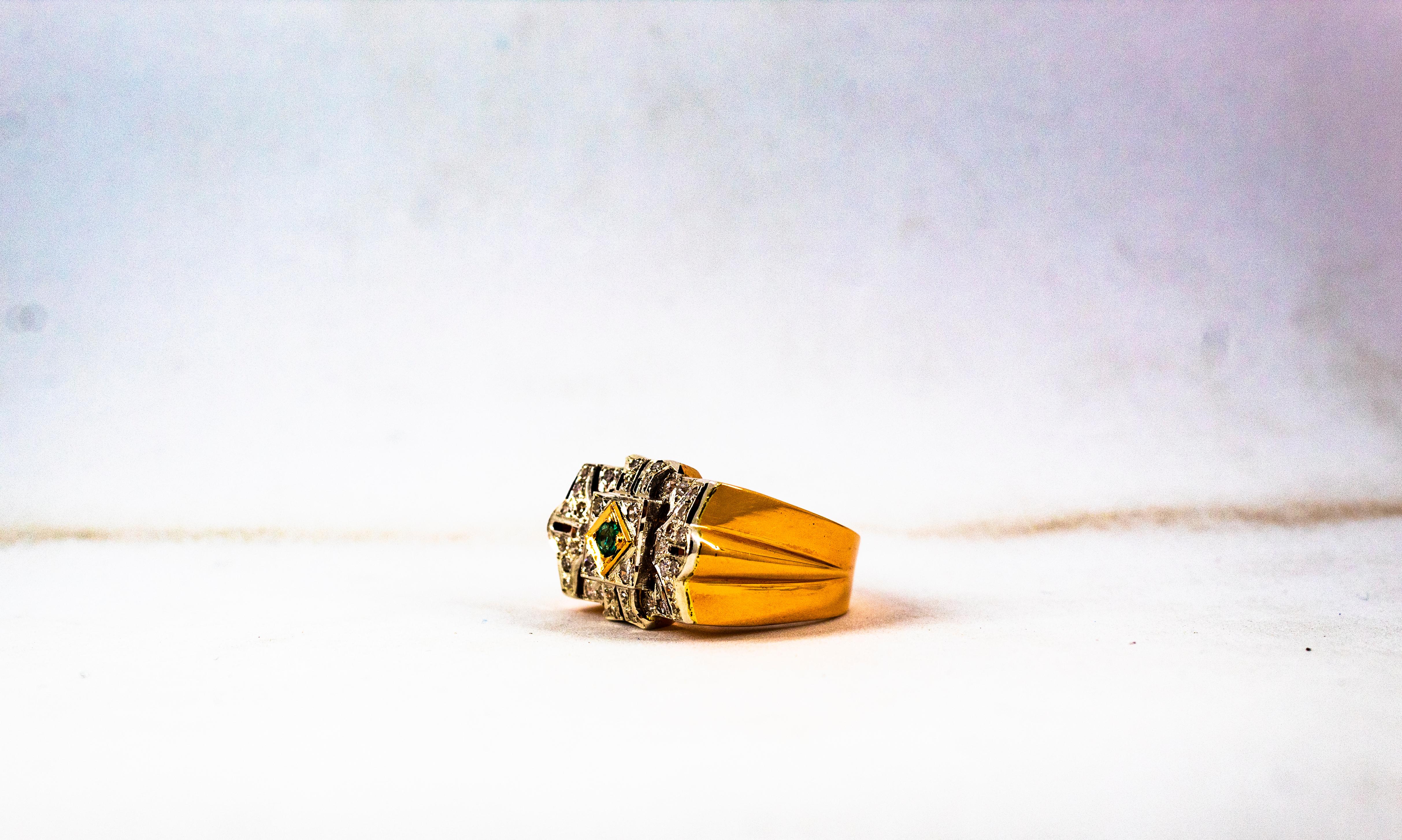 Art Deco Style 0.60 Carat White Diamond Emerald Yellow Gold Cocktail Ring For Sale 8