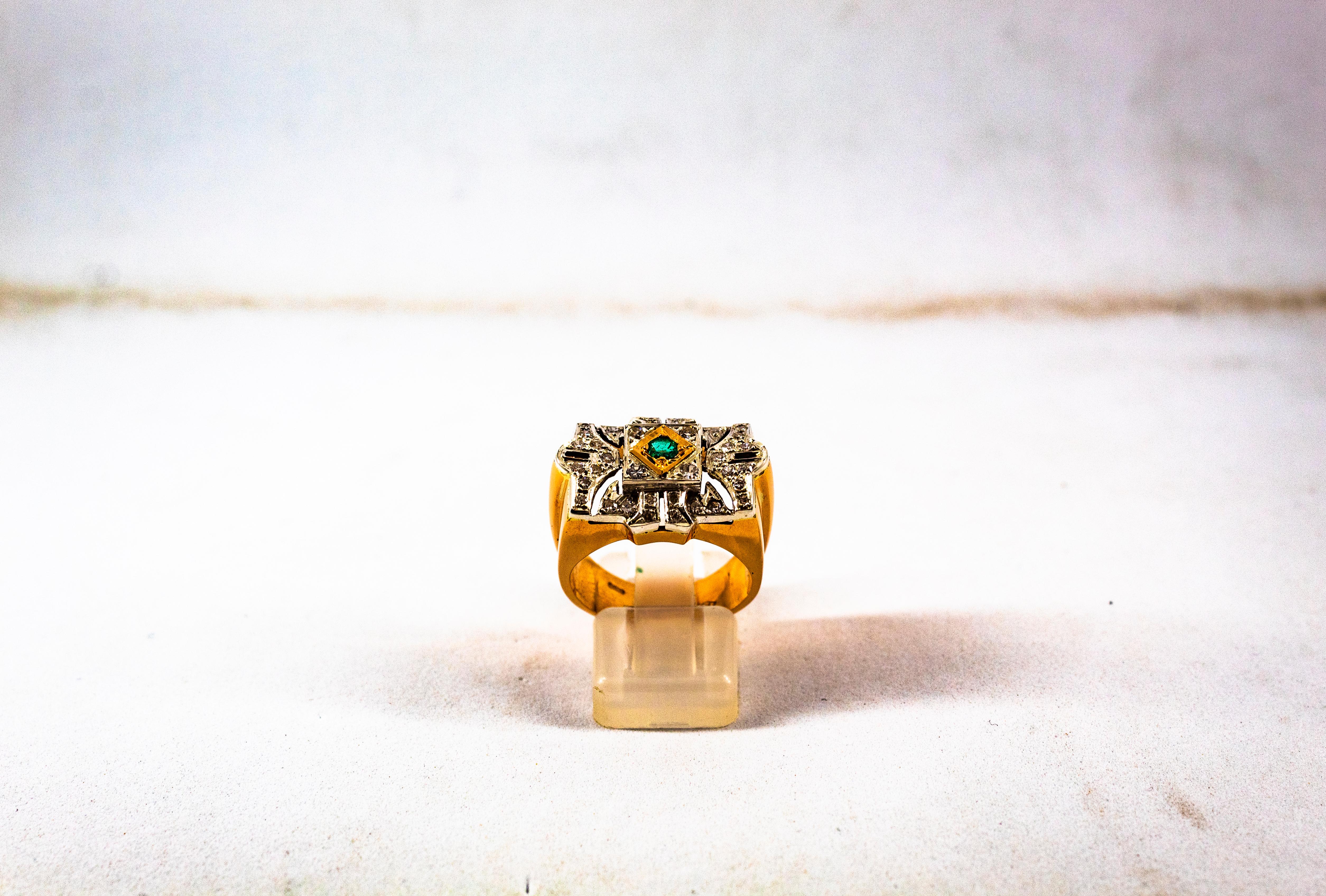 Brilliant Cut Art Deco Style 0.60 Carat White Diamond Emerald Yellow Gold Cocktail Ring For Sale