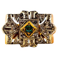 Art Deco Style 0.60 Carat White Diamond Emerald Yellow Gold Cocktail Ring