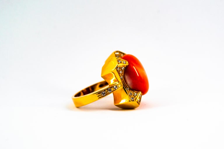 Art Deco Style 0.60 Carat White Diamond Mediterranean Coral Yellow Gold Ring For Sale 5