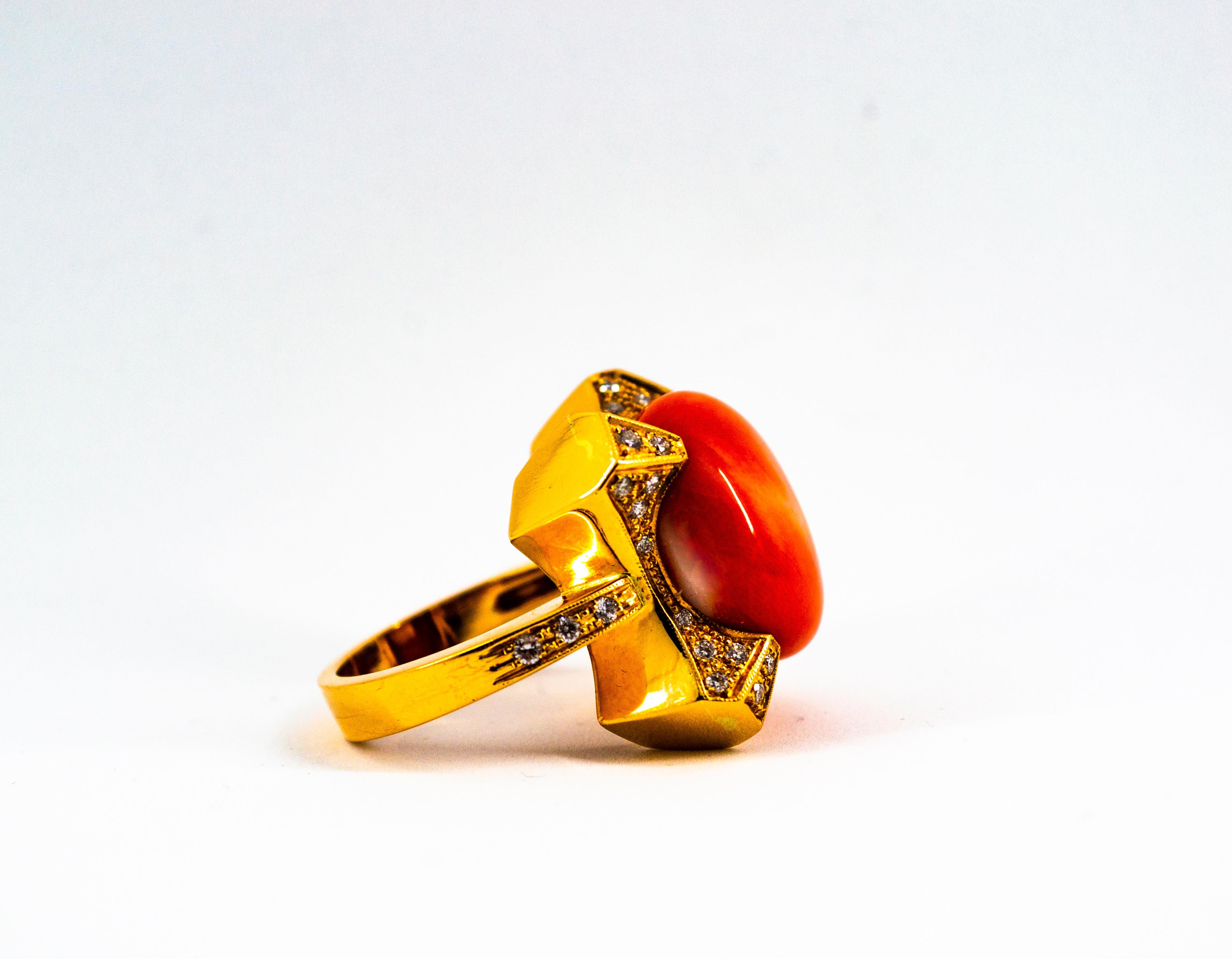 Art Deco Style 0.60 Carat White Diamond Mediterranean Coral Yellow Gold Ring For Sale 6