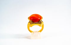Art Deco Style 0.60 Carat White Diamond Mediterranean Coral Yellow Gold Ring