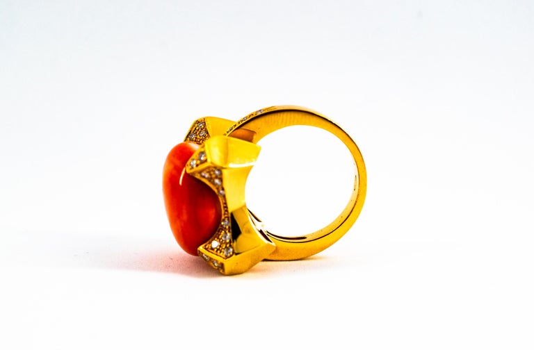 Art Deco Style 0.60 Carat White Diamond Mediterranean Coral Yellow Gold Ring For Sale 1