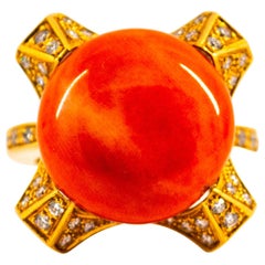 Art Deco Style 0.60 Carat White Diamond Mediterranean Coral Yellow Gold Ring