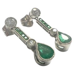 Boucles d'oreilles en platine 950 de style Art déco avec diamants de 0,60 ct et émeraudes de 1,17 ct