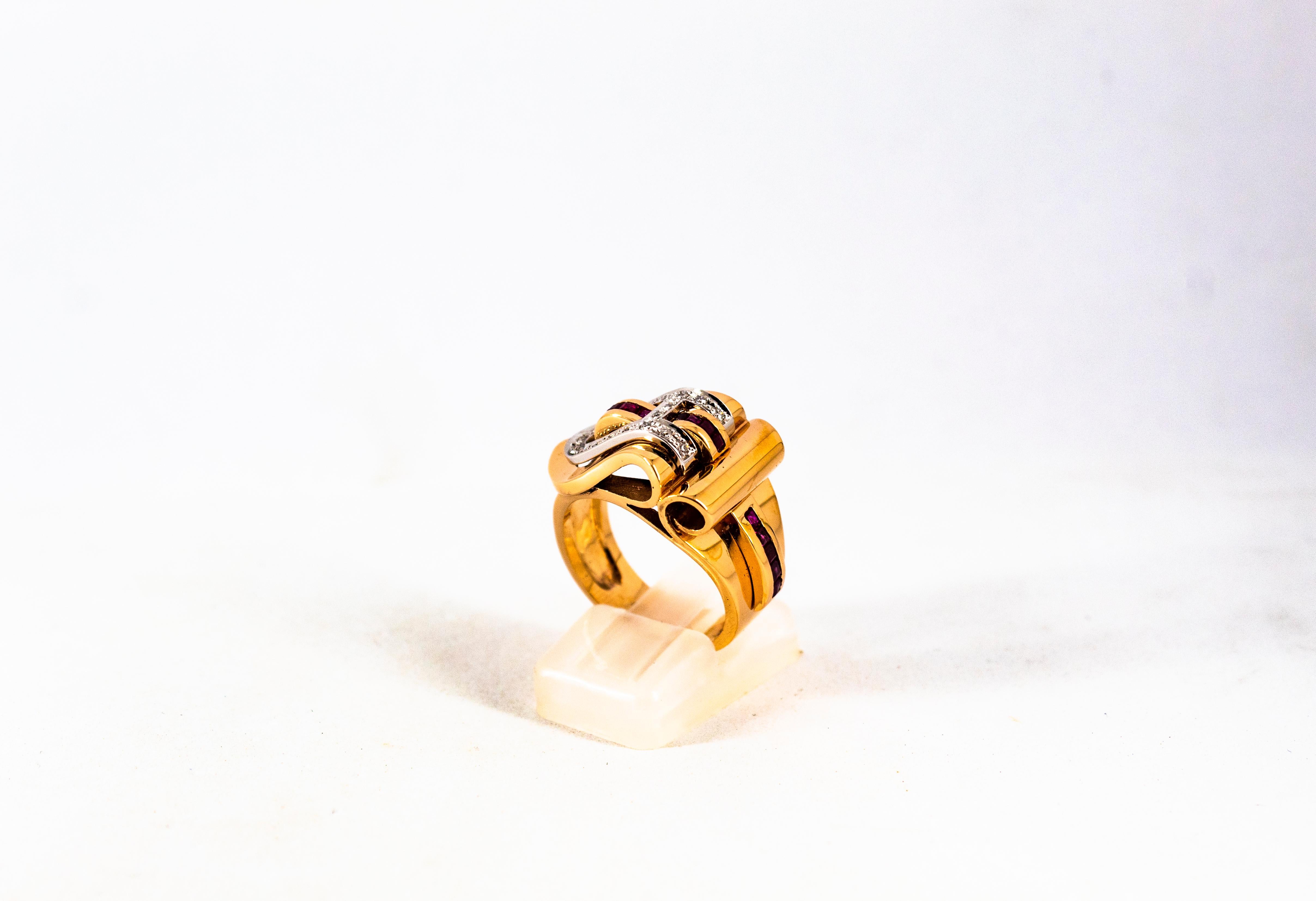 Anello in oro giallo con diamanti bianchi taglio carré da 0,62 carati e rubino in stile Art Deco in vendita 2
