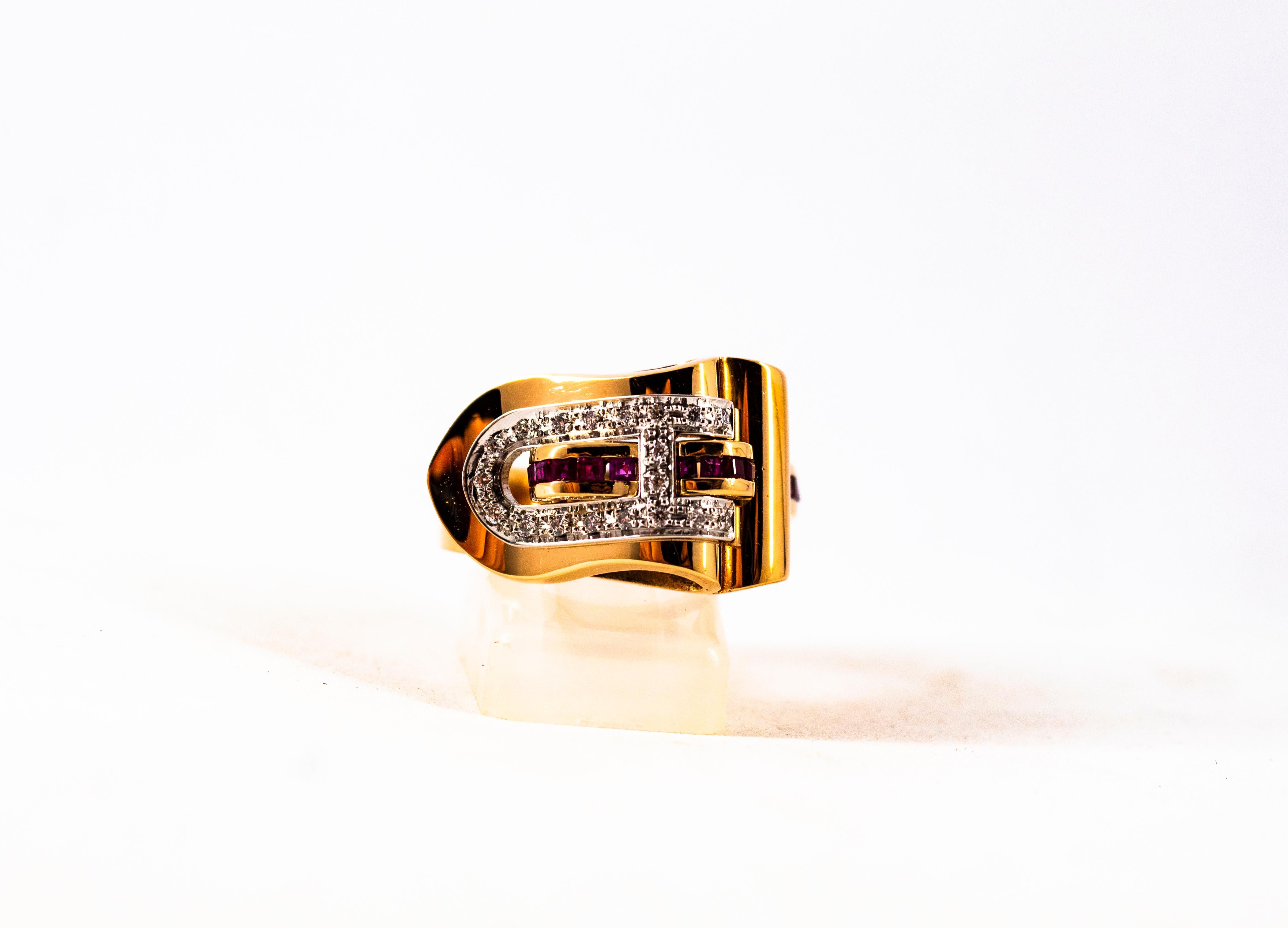 Anello in oro giallo con diamanti bianchi taglio carré da 0,62 carati e rubino in stile Art Deco in vendita 3