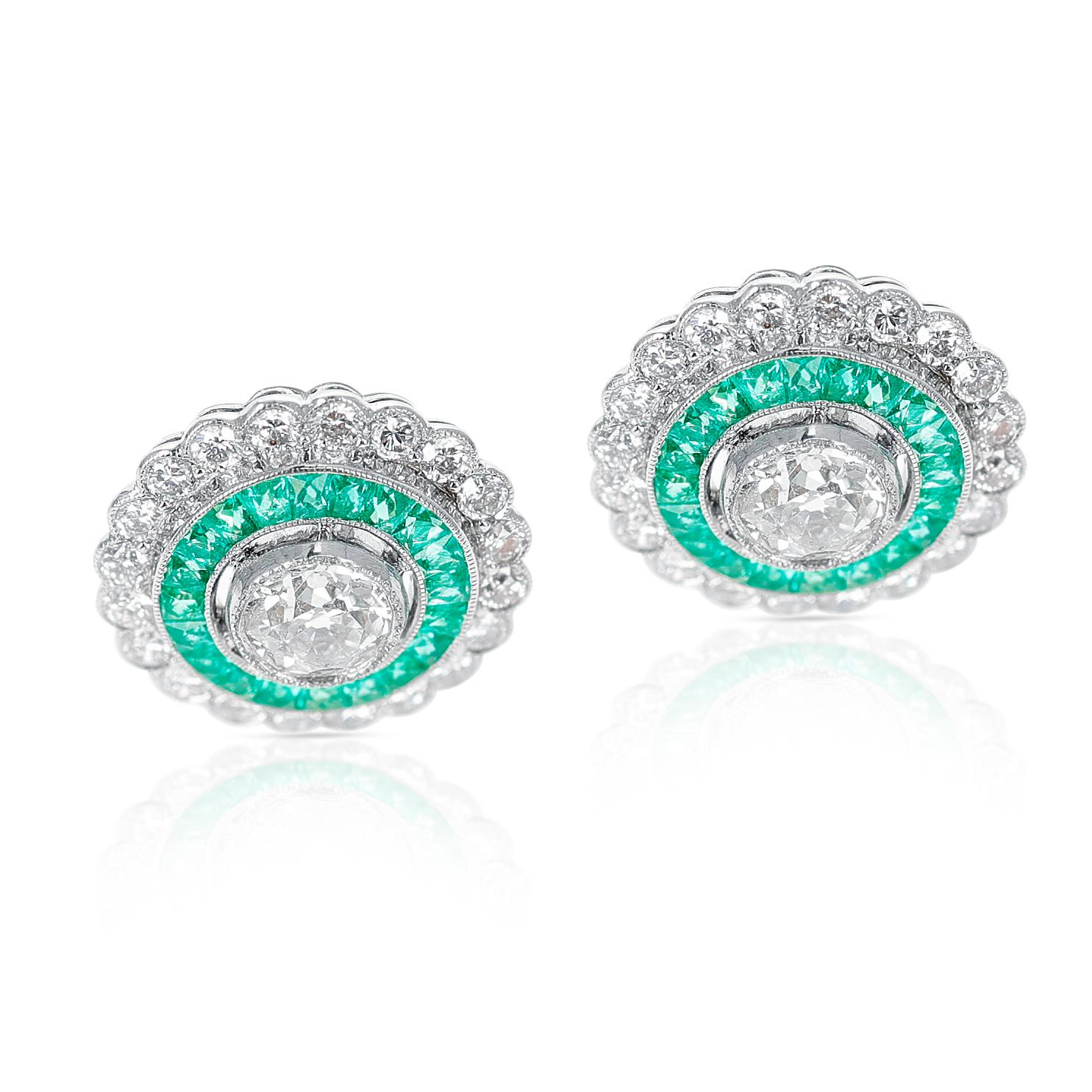 Round Cut Art Deco Style 0.70 Ct. Each Diamond and Channel Set Emerald Earrings, Platinum For Sale