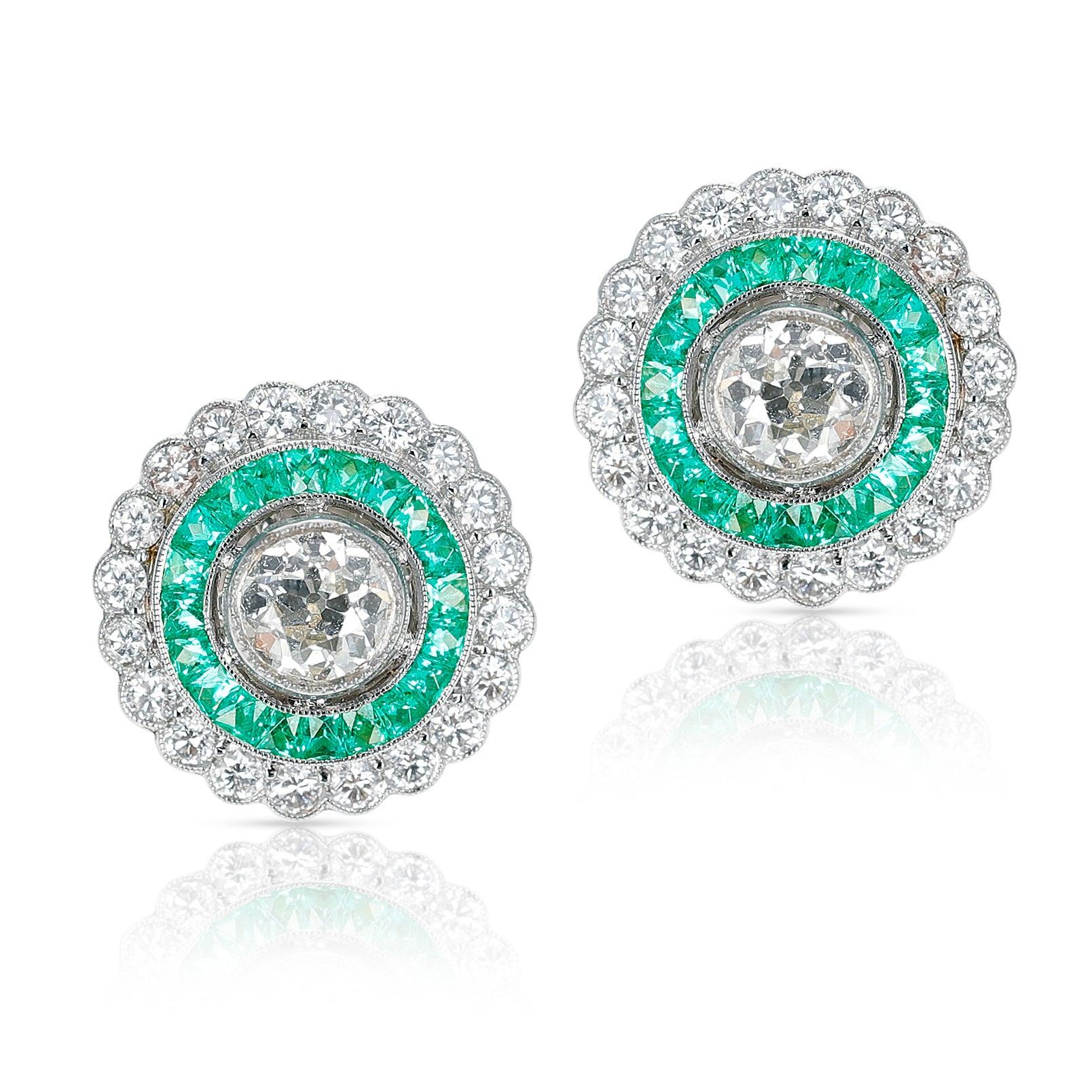 Art Deco Style 0.70 Ct. Each Diamond and Channel Set Emerald Earrings, Platinum In Excellent Condition For Sale In New York, NY