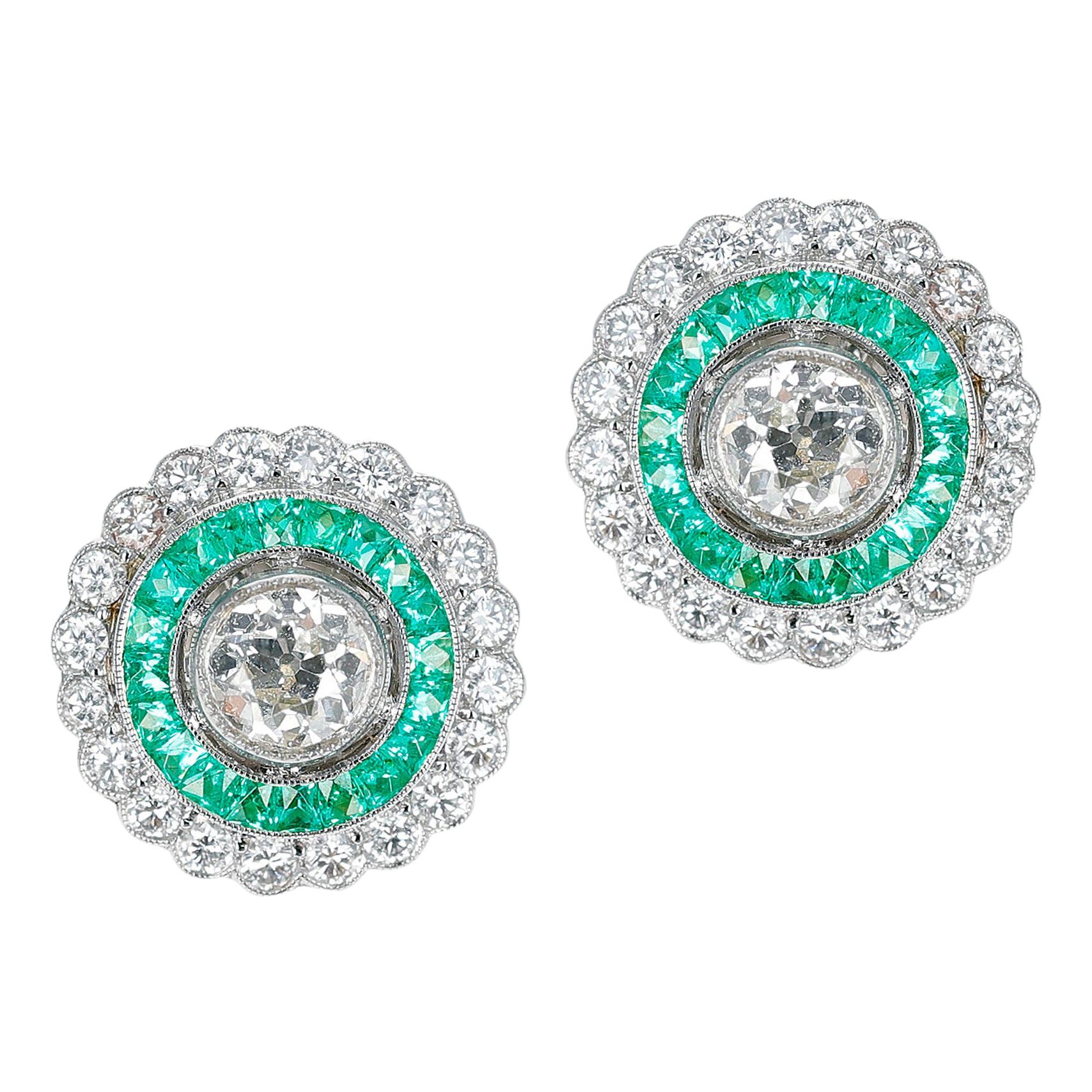 Art Deco Style 0.70 Ct. Each Diamond and Channel Set Emerald Earrings, Platinum