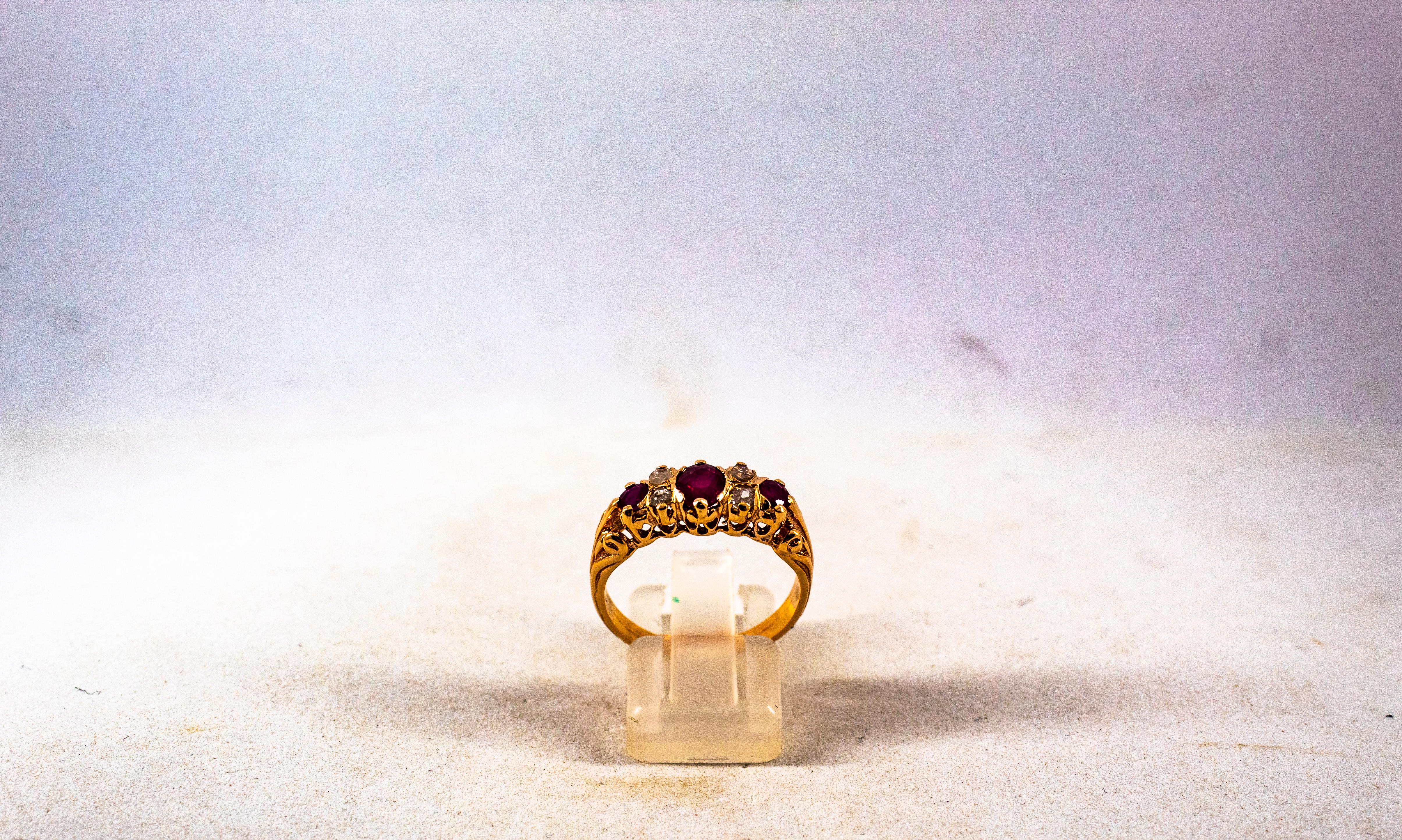 Art Deco Style 0.75 Carat Rose Cut Diamond Oval Cut Ruby Yellow Gold Band Ring 9
