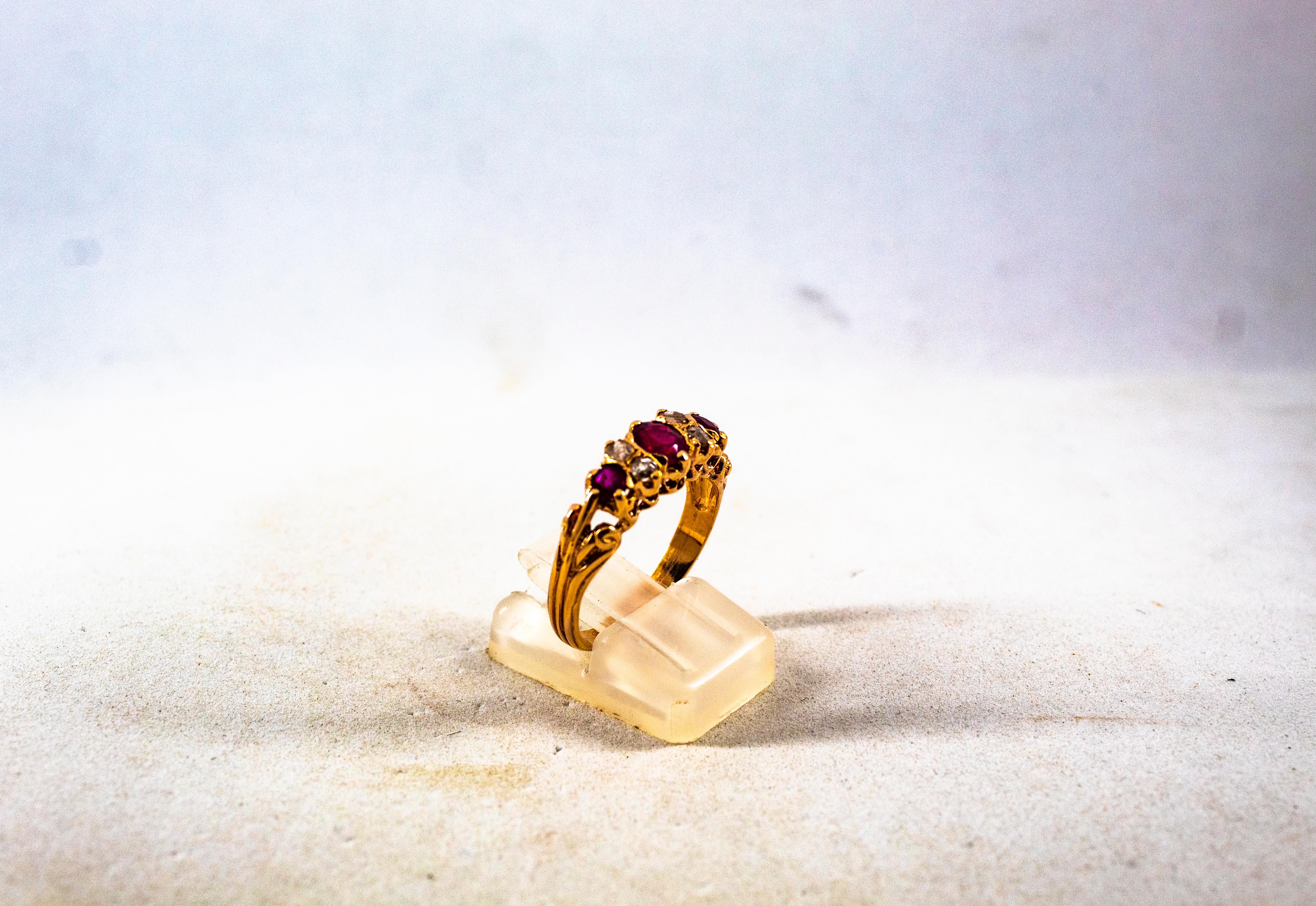 Art Deco Style 0.75 Carat Rose Cut Diamond Oval Cut Ruby Yellow Gold Band Ring 10
