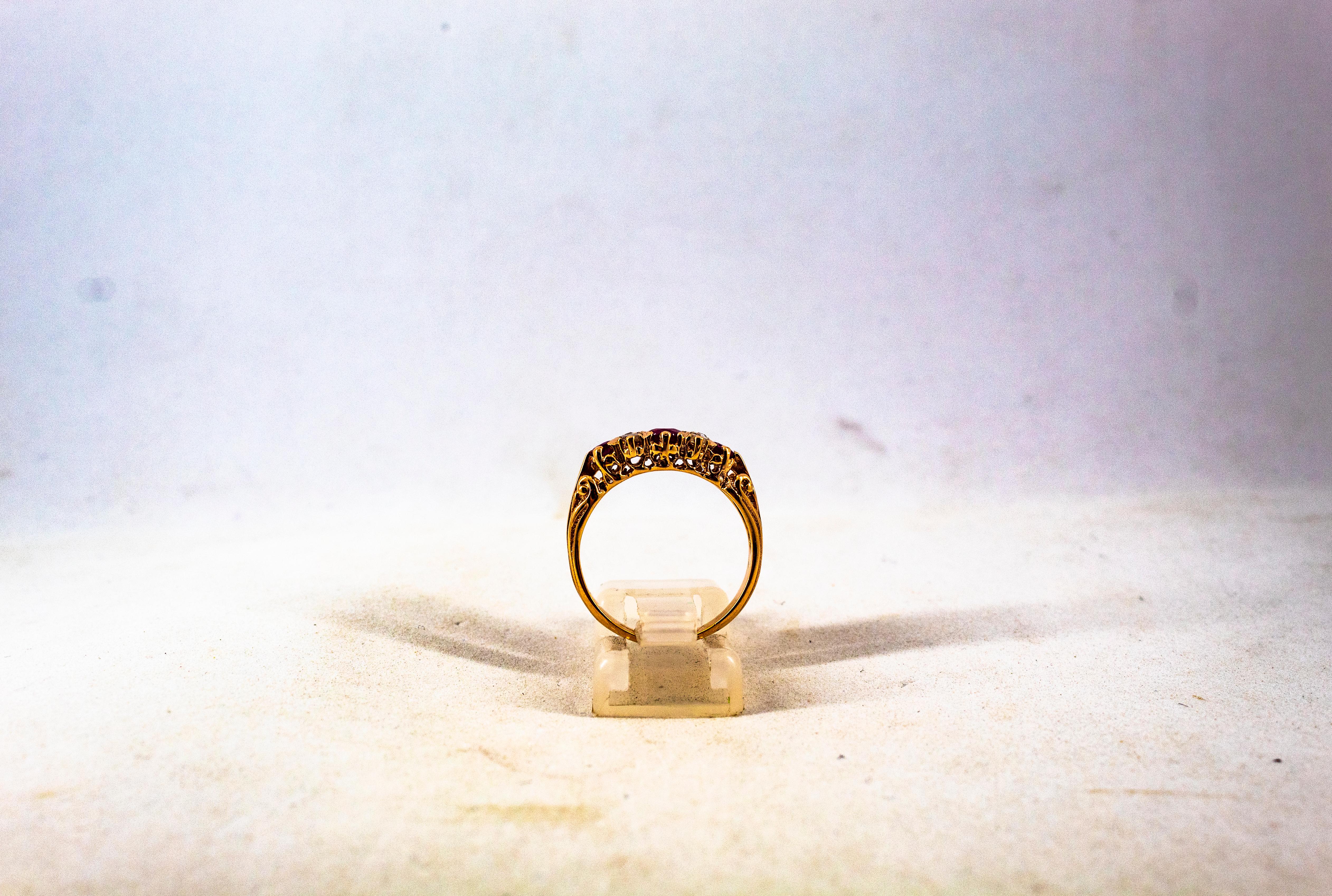 Art Deco Style 0.75 Carat Rose Cut Diamond Oval Cut Ruby Yellow Gold Band Ring 11