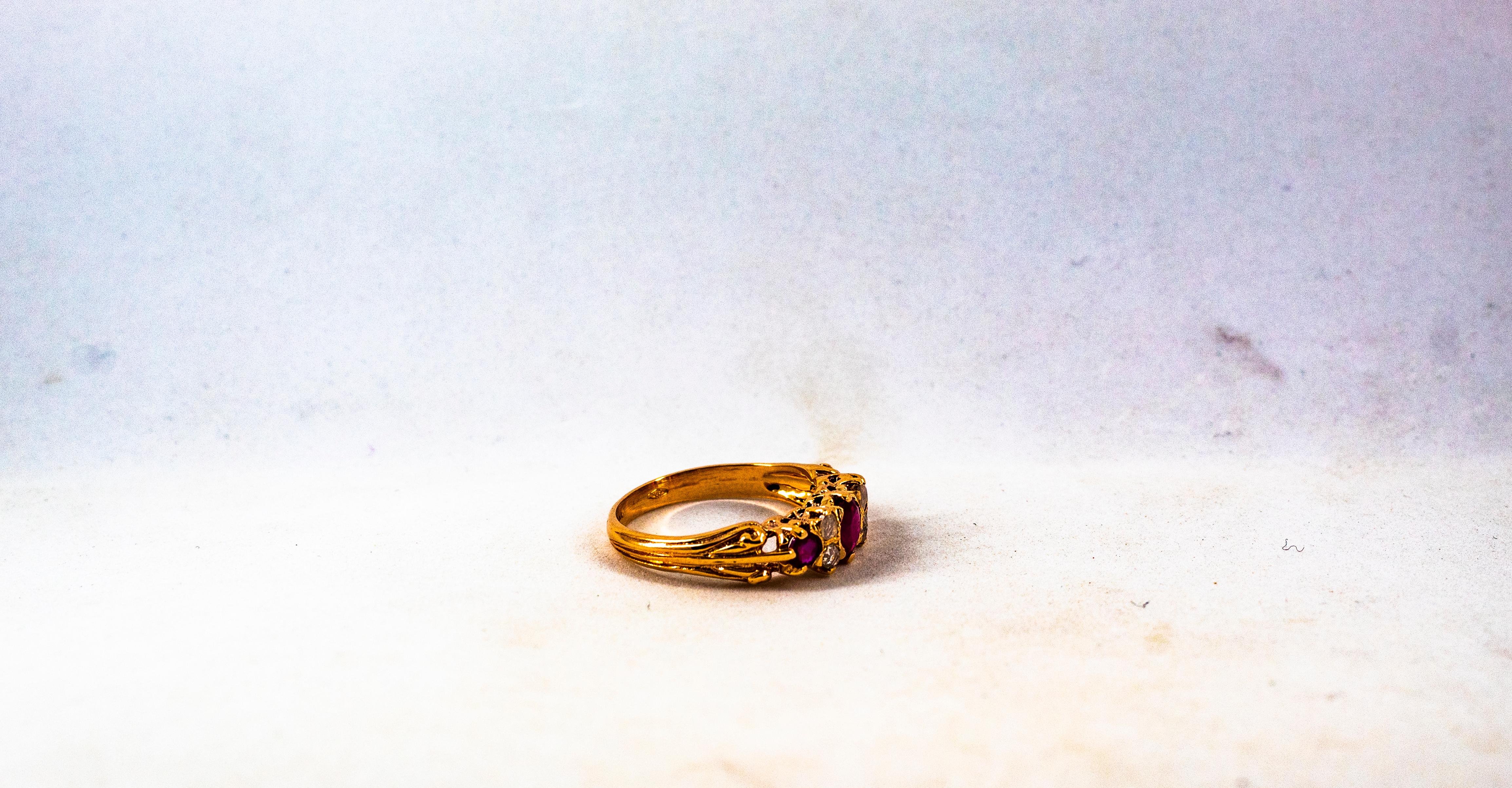 Women's or Men's Art Deco Style 0.75 Carat Rose Cut Diamond Oval Cut Ruby Yellow Gold Band Ring For Sale