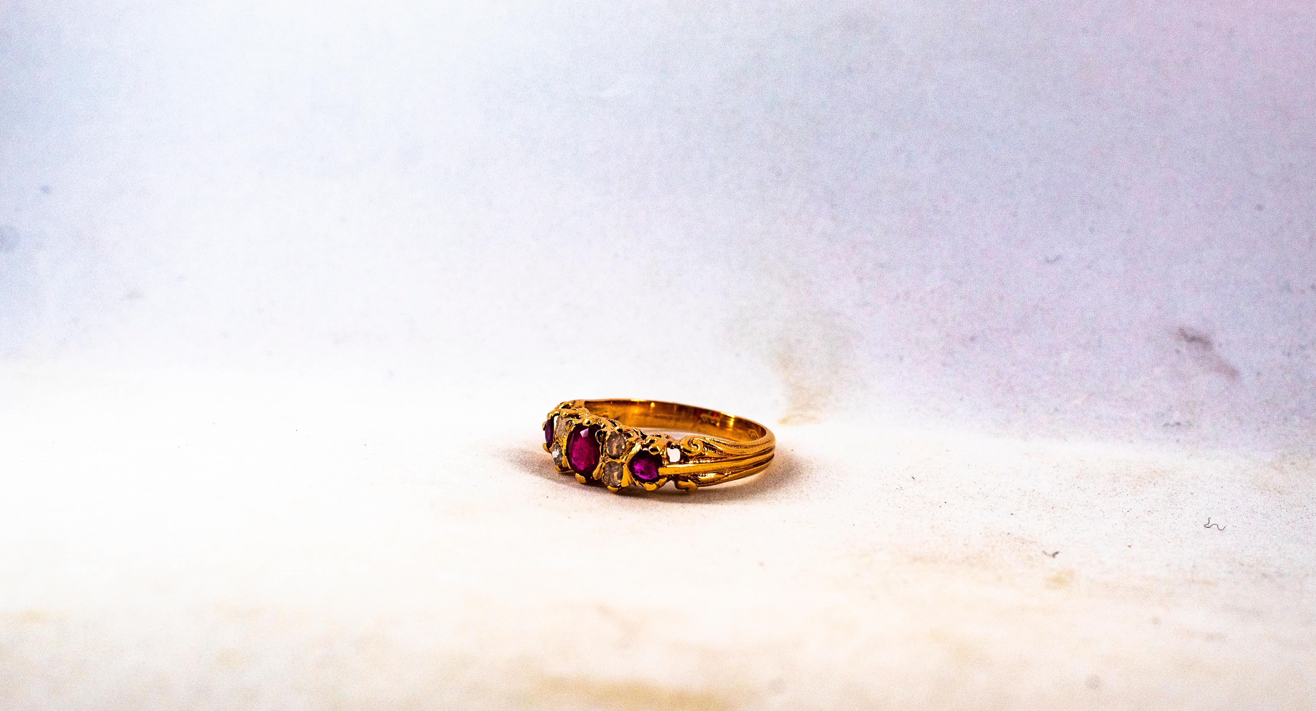 Art Deco Style 0.75 Carat Rose Cut Diamond Oval Cut Ruby Yellow Gold Band Ring For Sale 2