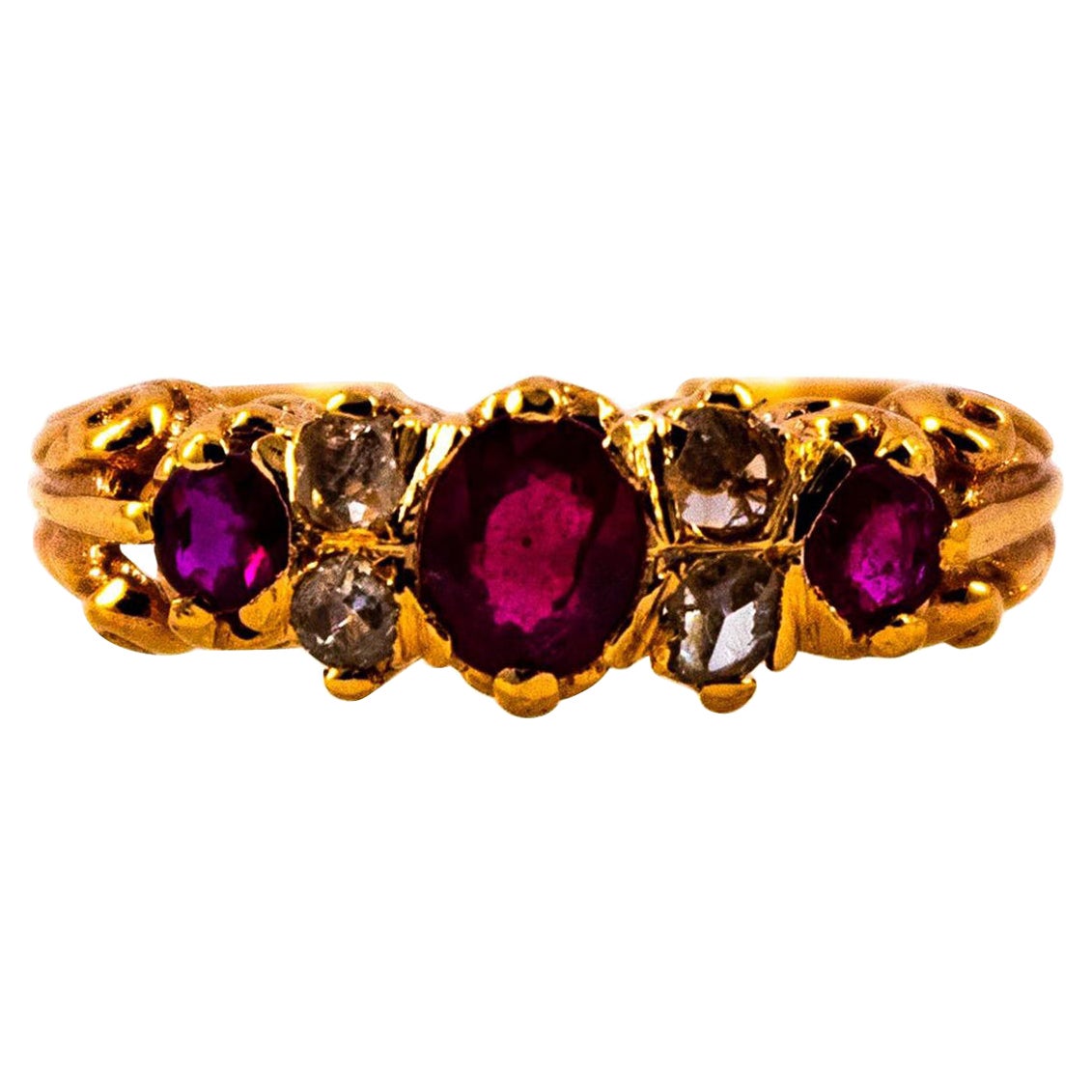 Art Deco Style 0.75 Carat Rose Cut Diamond Oval Cut Ruby Yellow Gold Band Ring