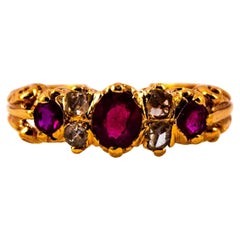 Retro Art Deco Style 0.75 Carat Rose Cut Diamond Oval Cut Ruby Yellow Gold Band Ring