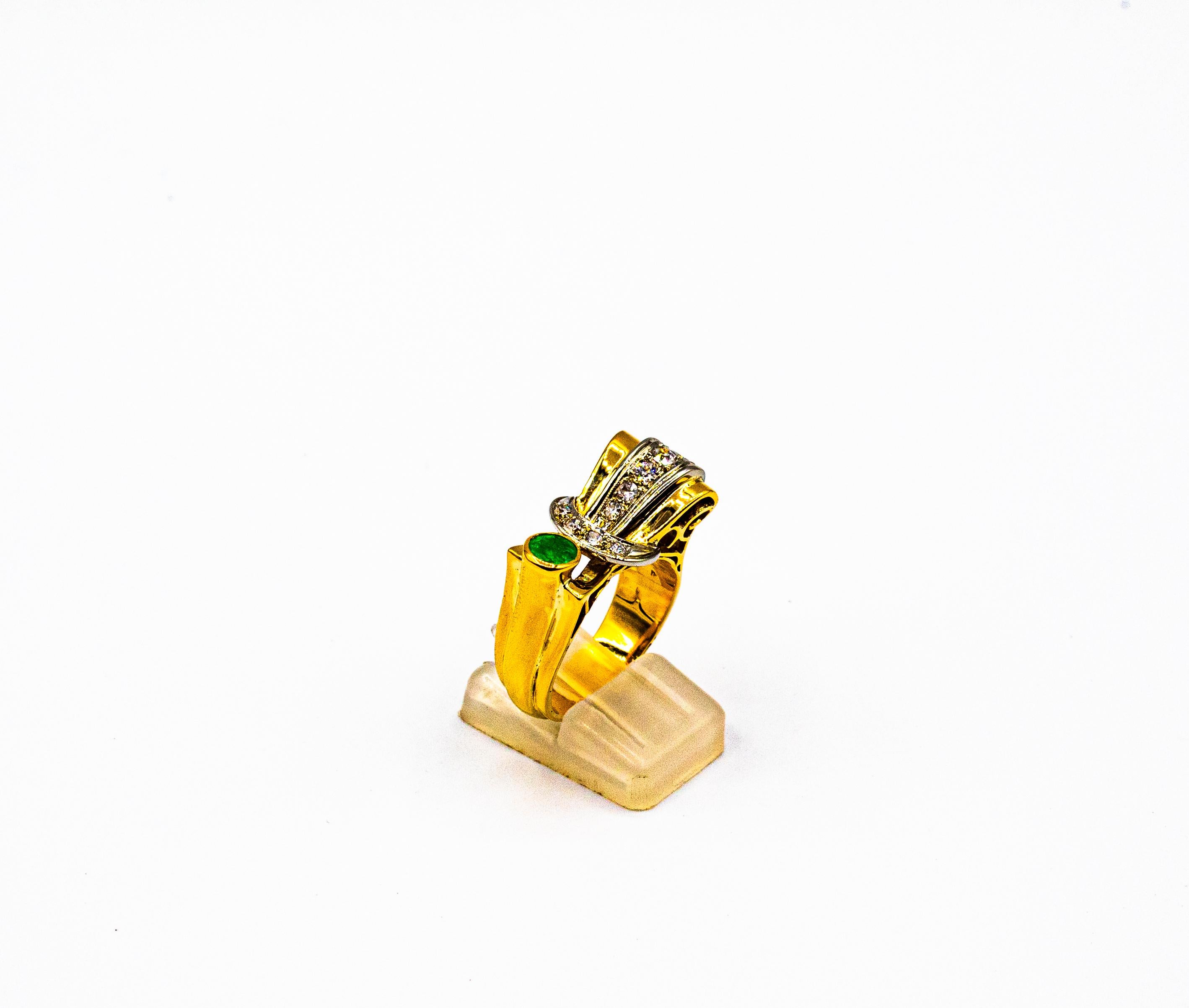 Brilliant Cut Art Deco Style 0.75 Carat White Diamond Emerald Yellow Gold Cocktail Ring For Sale