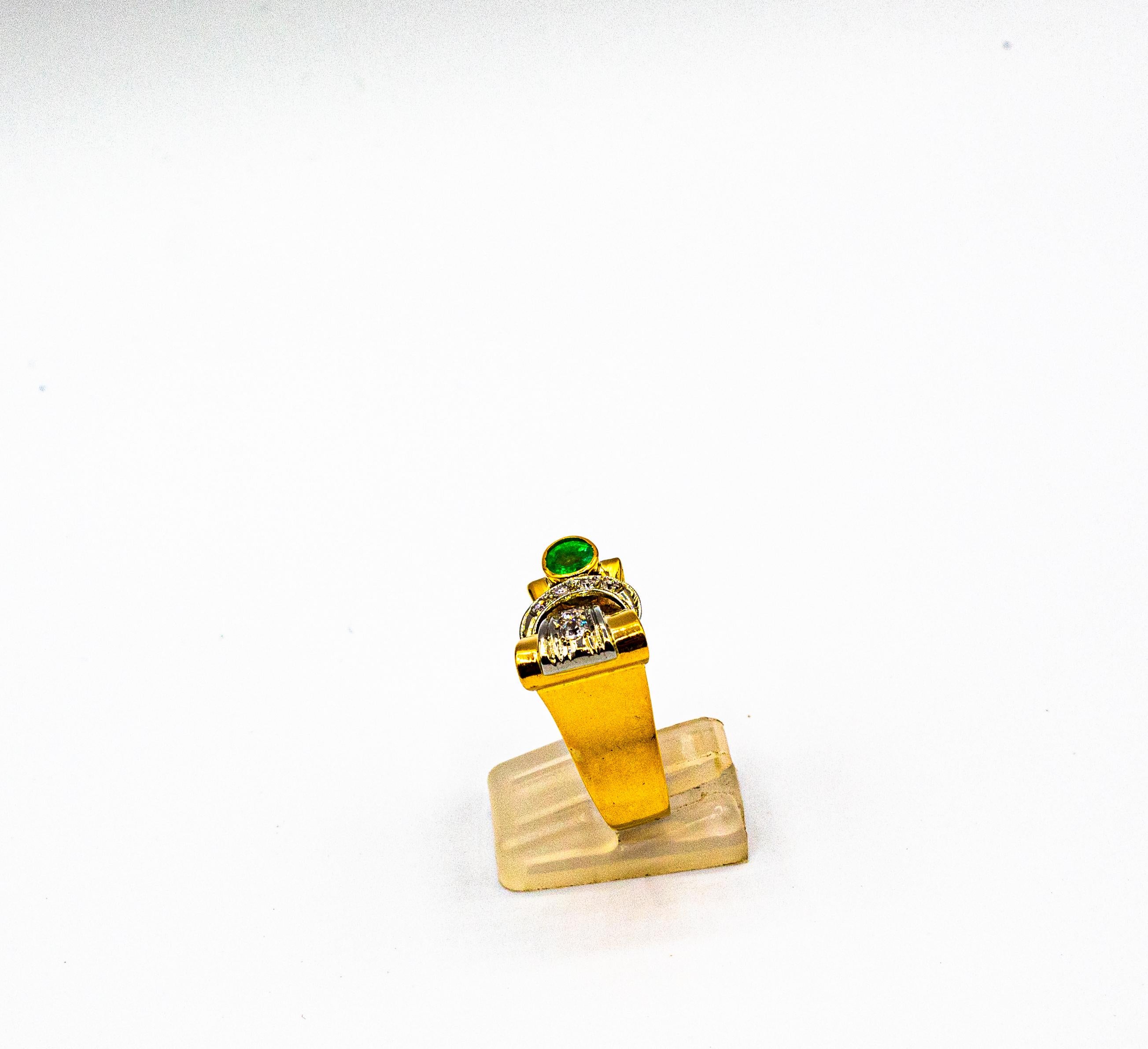 Women's or Men's Art Deco Style 0.75 Carat White Diamond Emerald Yellow Gold Cocktail Ring For Sale