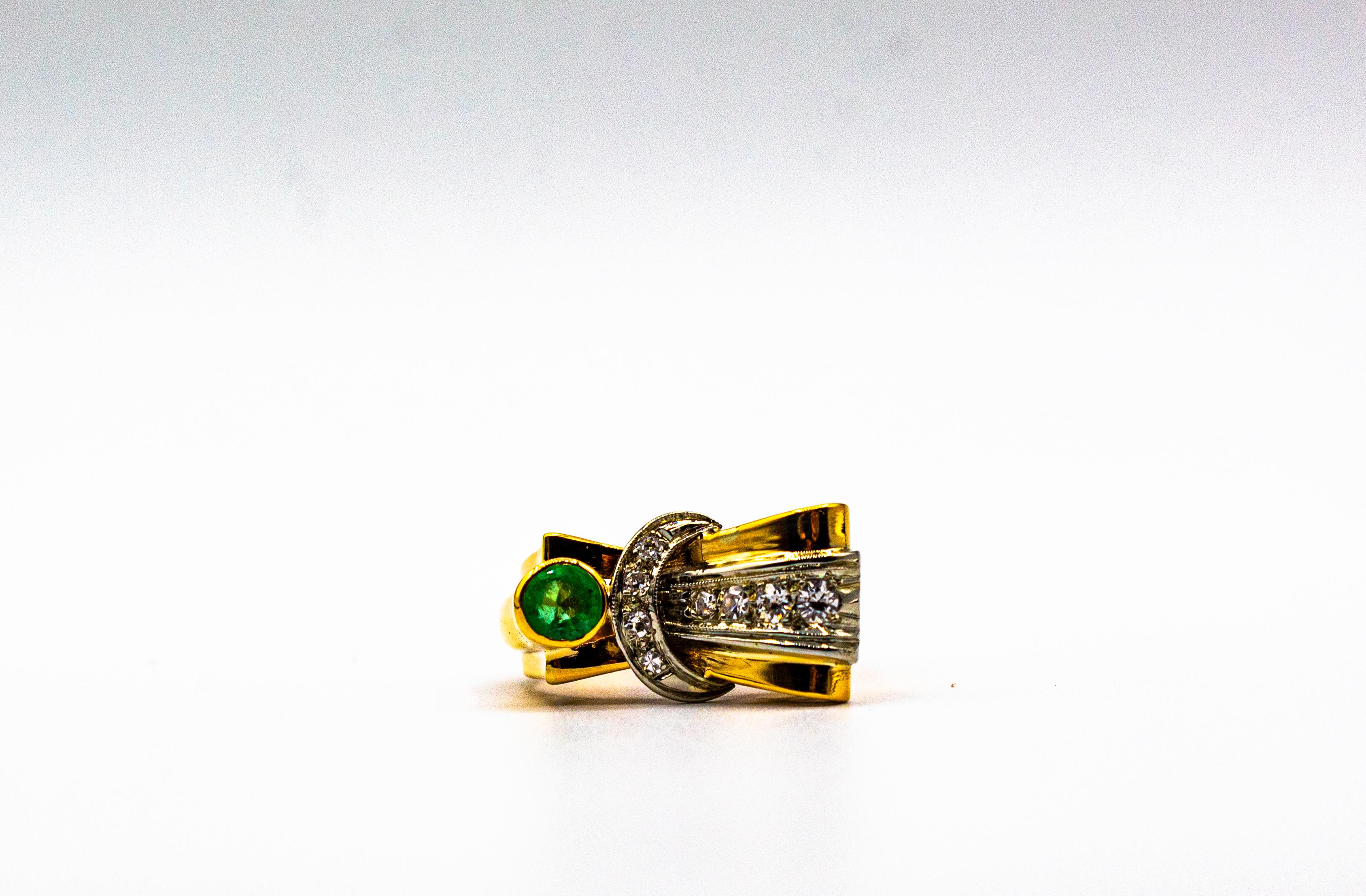 Art Deco Style 0.75 Carat White Diamond Emerald Yellow Gold Cocktail Ring For Sale 1