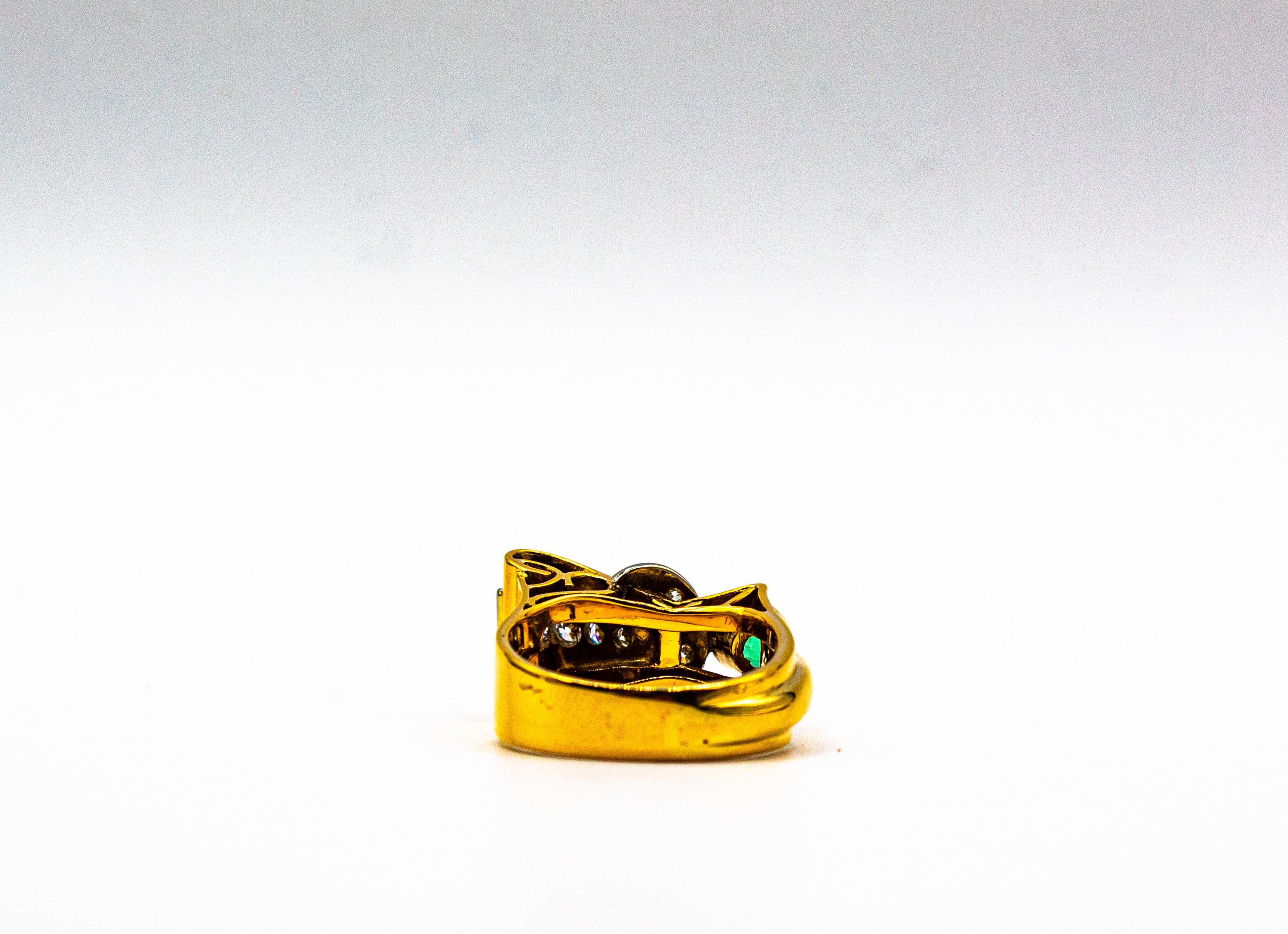 Art Deco Stil 0,75 Karat Weißer Diamant Smaragd Gelbgold Cocktail-Ring im Angebot 2