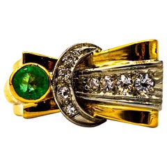 Bague cocktail en or jaune de style Art déco avec émeraude et diamant blanc de 0,75 carat