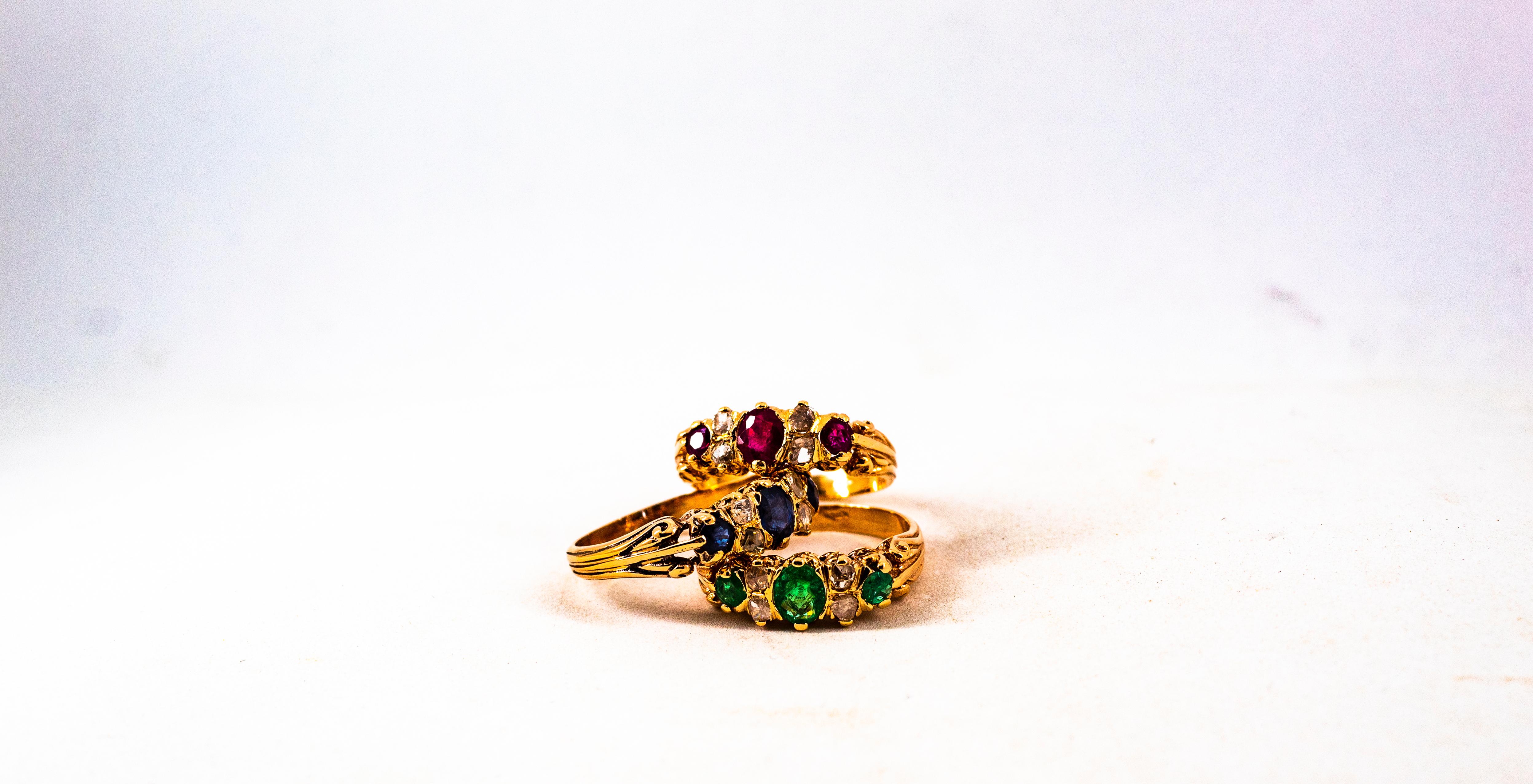 Art Deco Style 0.75 Carat White Rose Cut Diamond Blue Sapphire Yellow Gold Ring 12
