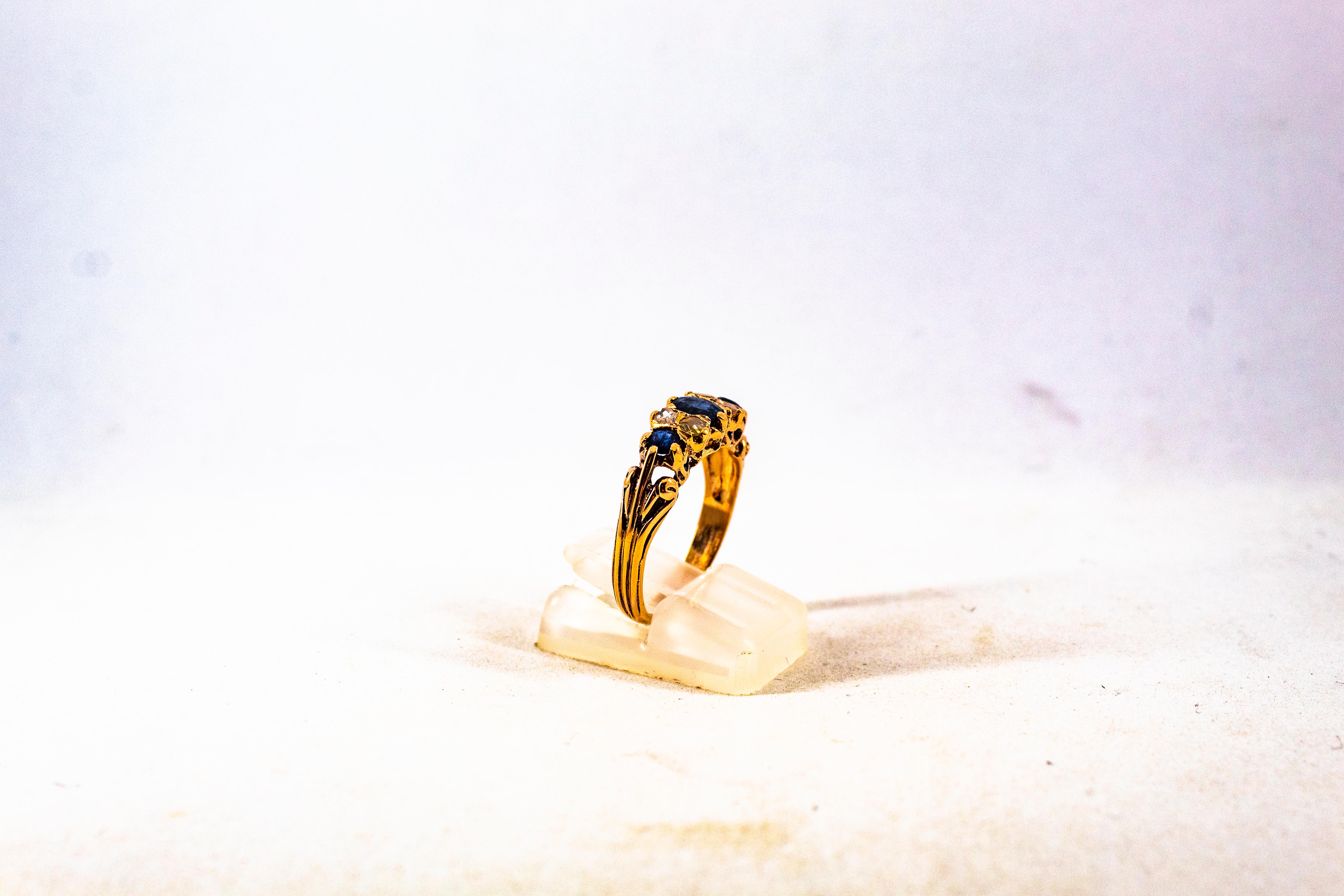 Art Deco Style 0.75 Carat White Rose Cut Diamond Blue Sapphire Yellow Gold Ring In New Condition In Naples, IT
