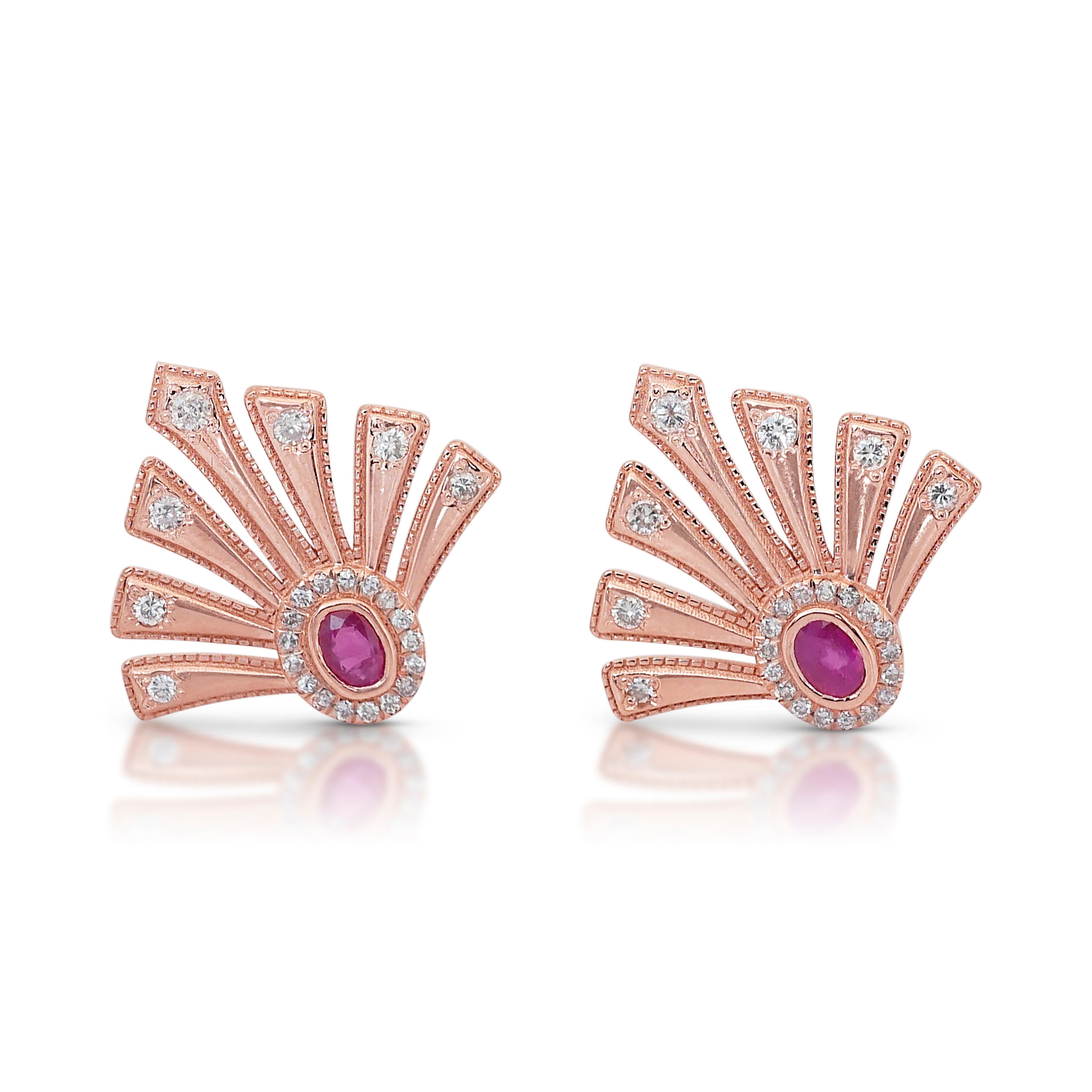 Art deco style 0.75ct Rubies and Diamonds one of a kind Stud Earrings in 14k Rose Gold - AIG Certified

Add a touch of elegance with these captivating 14k rose gold stud earrings, featuring two stunning oval-shaped rubies with a total carat weight