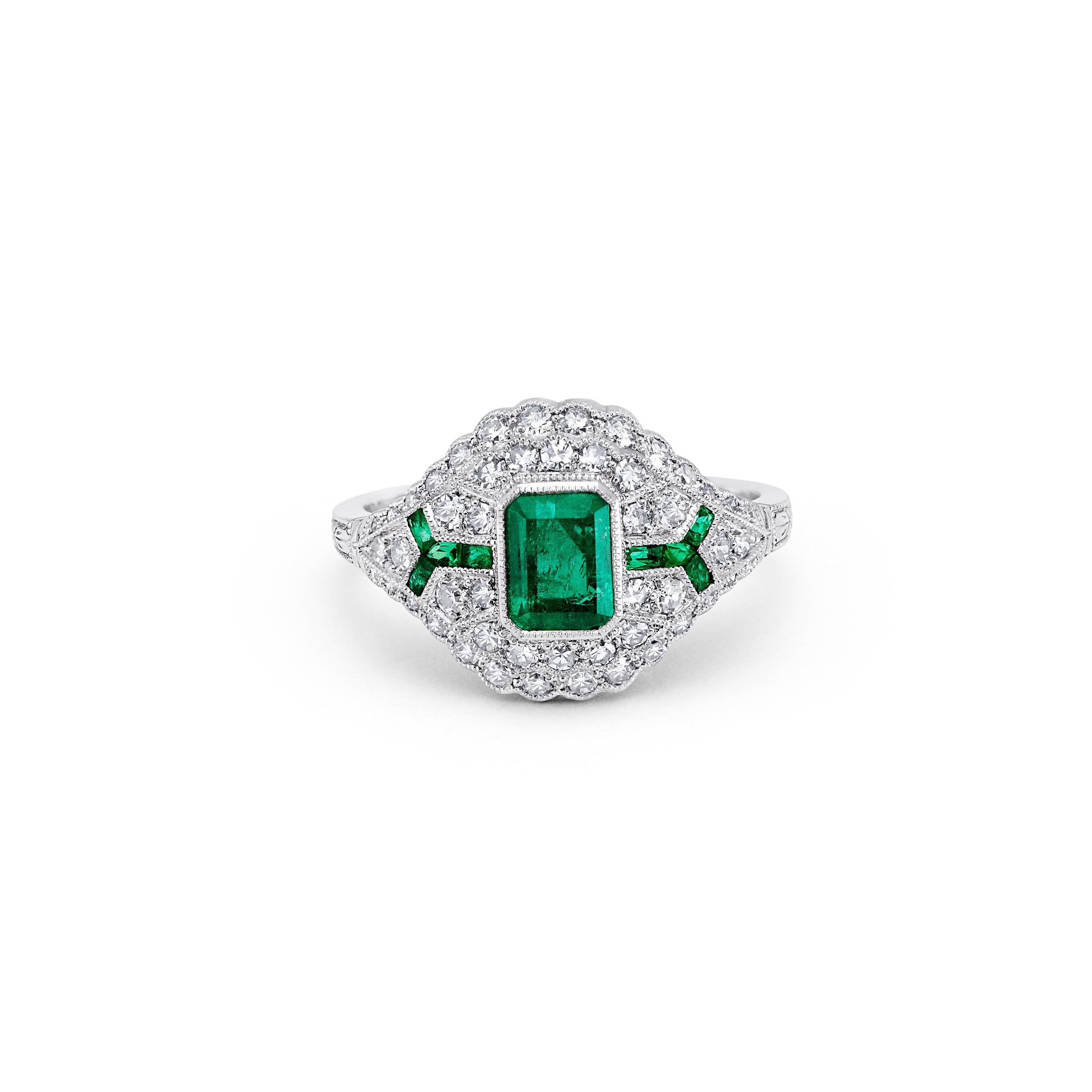 Art Deco Style 0.76 Ct Center Emerald Diamond 1.32 Tcw Platinum Engagement Ring For Sale