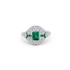 Art Deco Style 0.76 Ct Center Emerald Diamond 1.32 Tcw Platinum Engagement Ring
