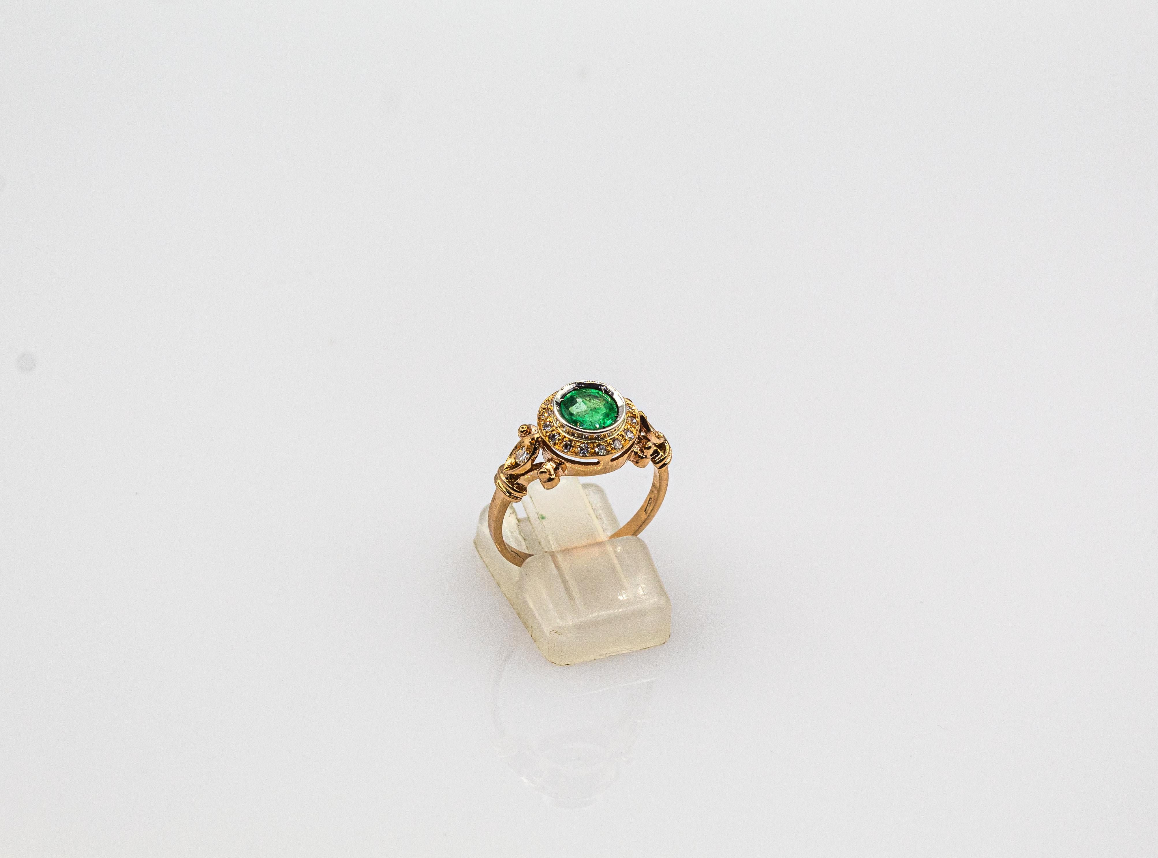 Art Deco Style 0.77 Carat White Brilliant Cut Diamond Emerald Yellow Gold Ring For Sale 1