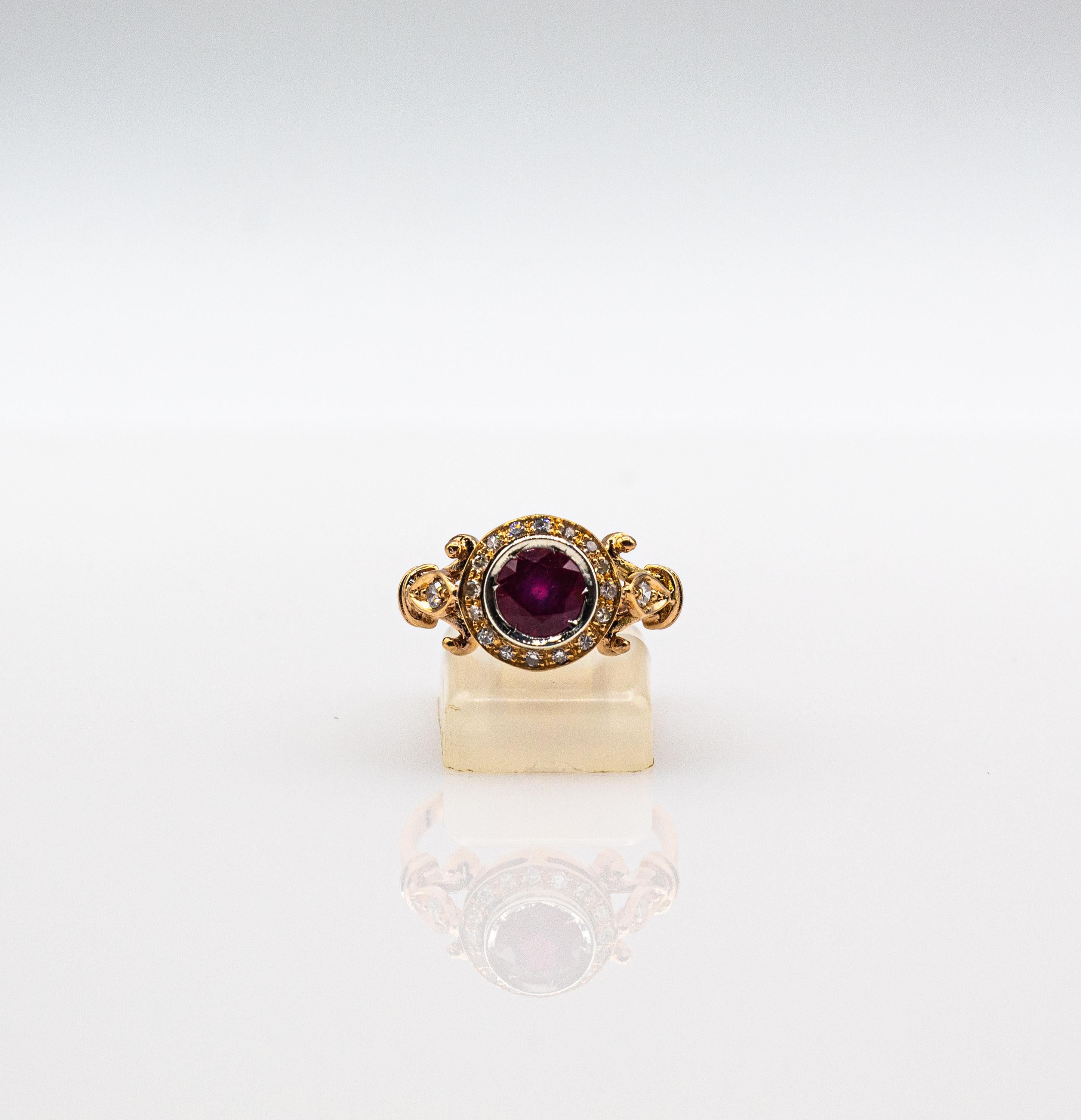 Art Deco Style 0.77 Carat White Brilliant Cut Diamond Ruby Yellow Gold Ring 9