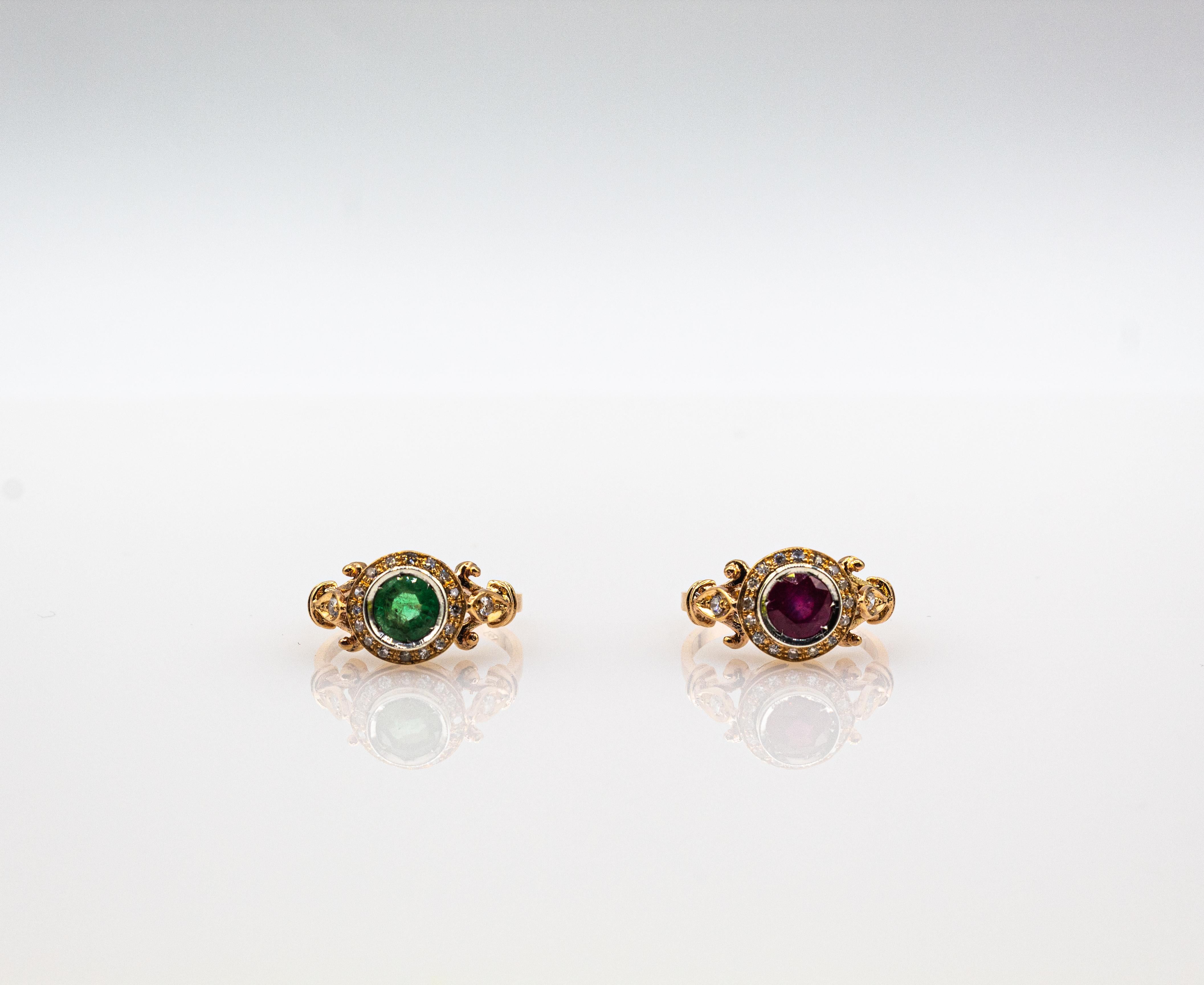 Women's or Men's Art Deco Style 0.77 Carat White Brilliant Cut Diamond Ruby Yellow Gold Ring