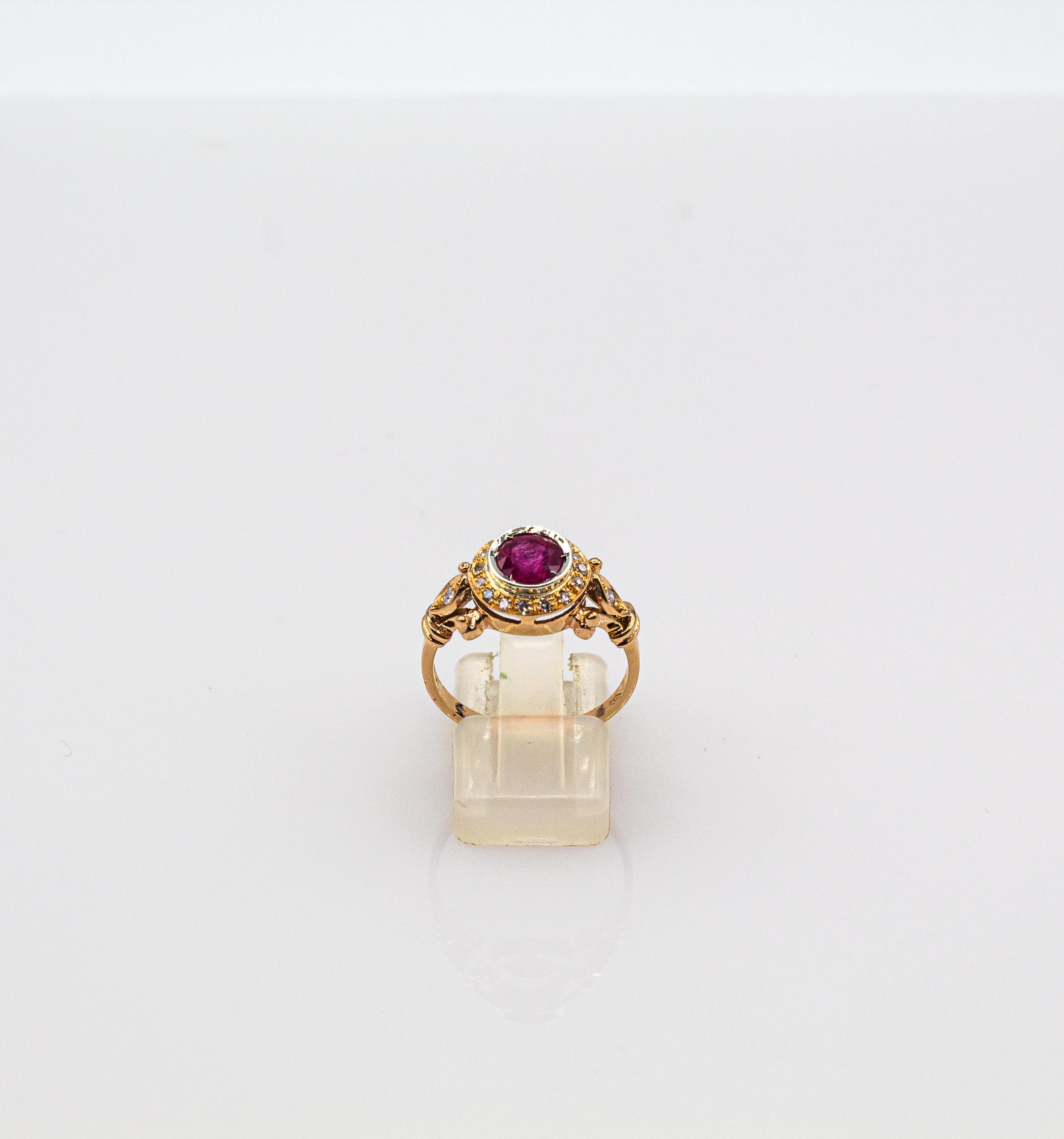 Art Deco Style 0.77 Carat White Brilliant Cut Diamond Ruby Yellow Gold Ring For Sale 2