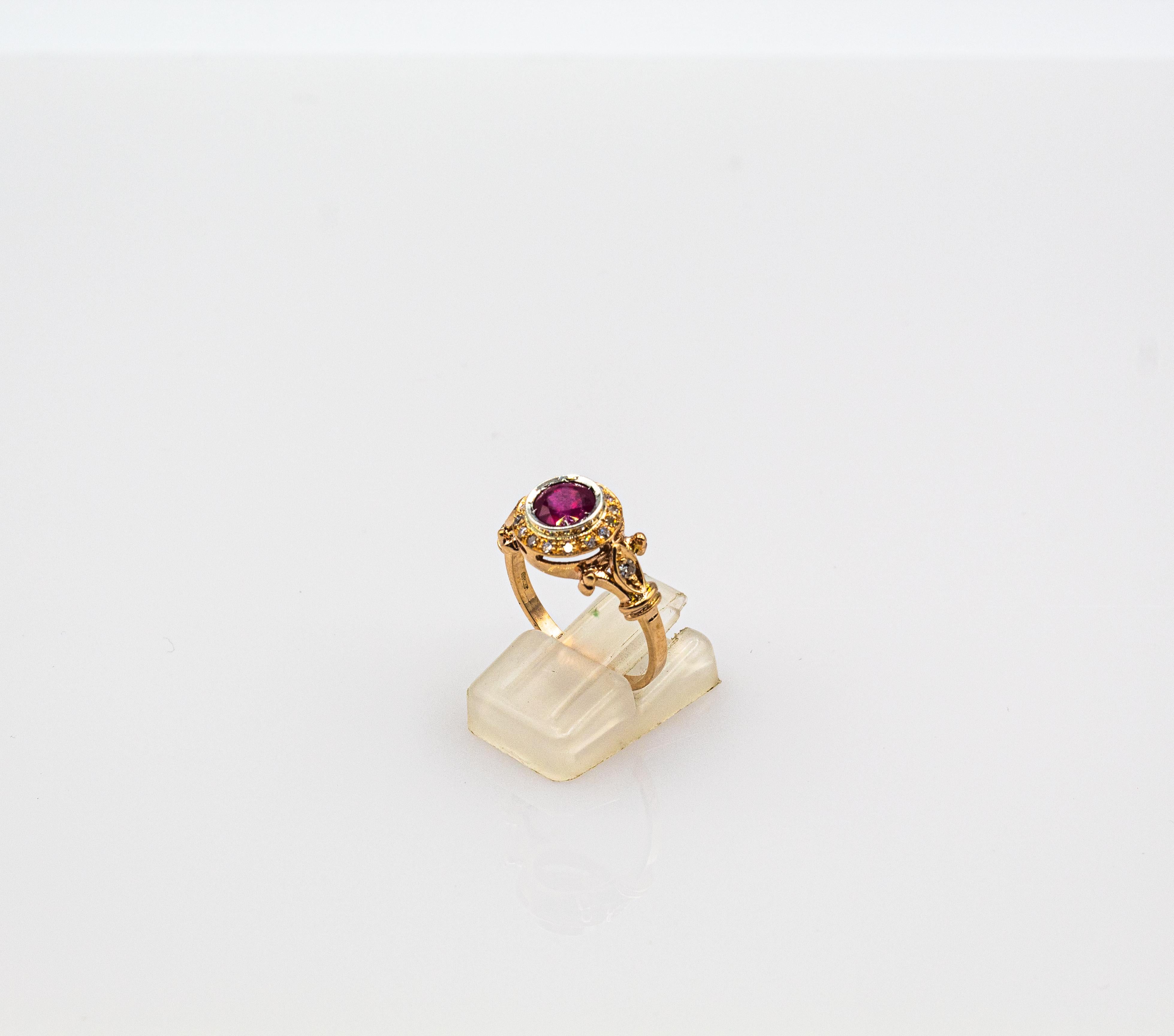 Art Deco Style 0.77 Carat White Brilliant Cut Diamond Ruby Yellow Gold Ring For Sale 3