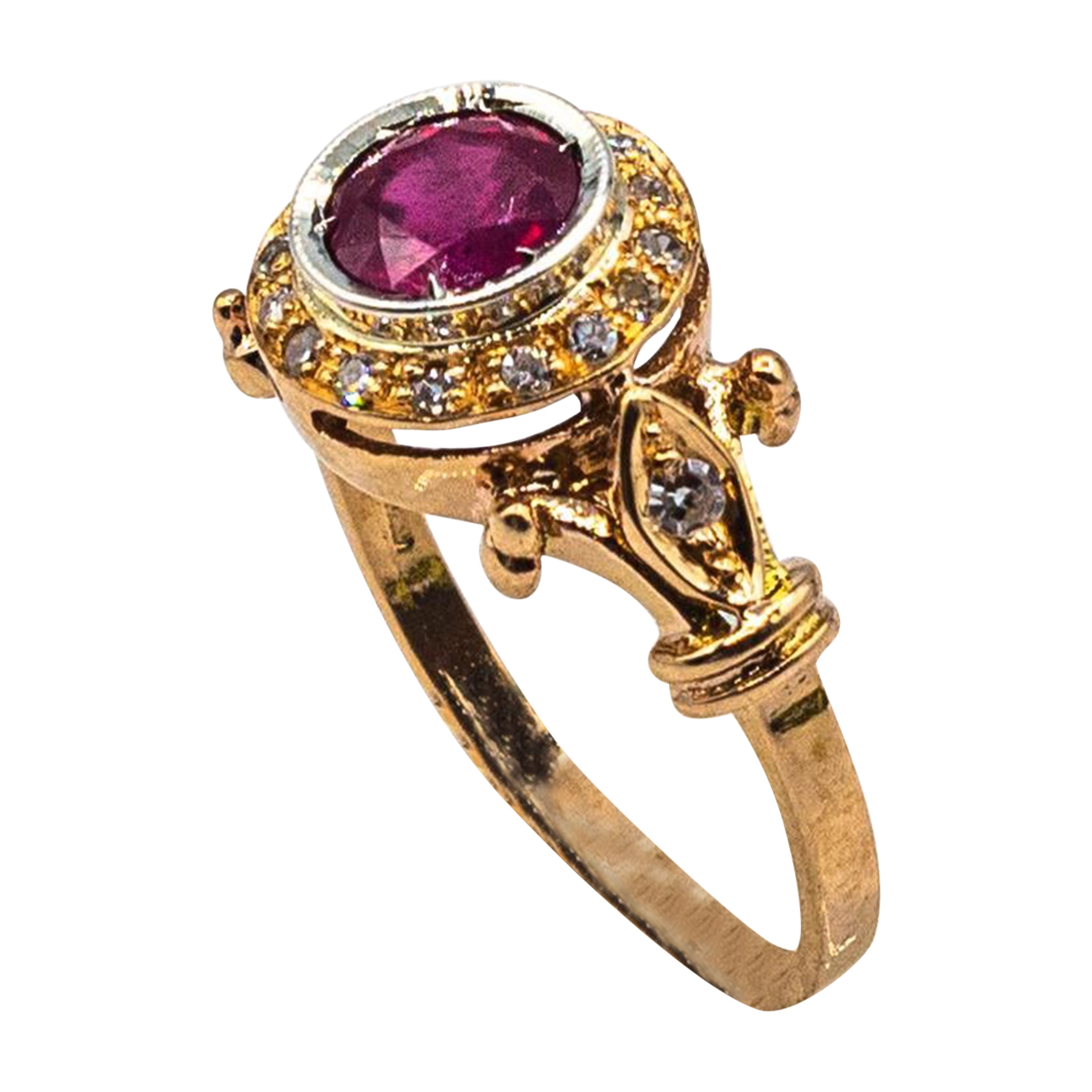 Bague de style Art Déco 0.77 carat White Brilliant Cut Diamond Ruby Yellow Gold Ring