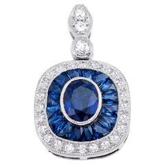 Art Deco Style 0.78 CT Center Blue Sapphire Diamond 1.53 TCW Platinum Pendant