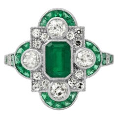 Art Deco Style 0.79 Ct Center Emerald Diamond 2.07 Tcw Platinum Engagement Ring
