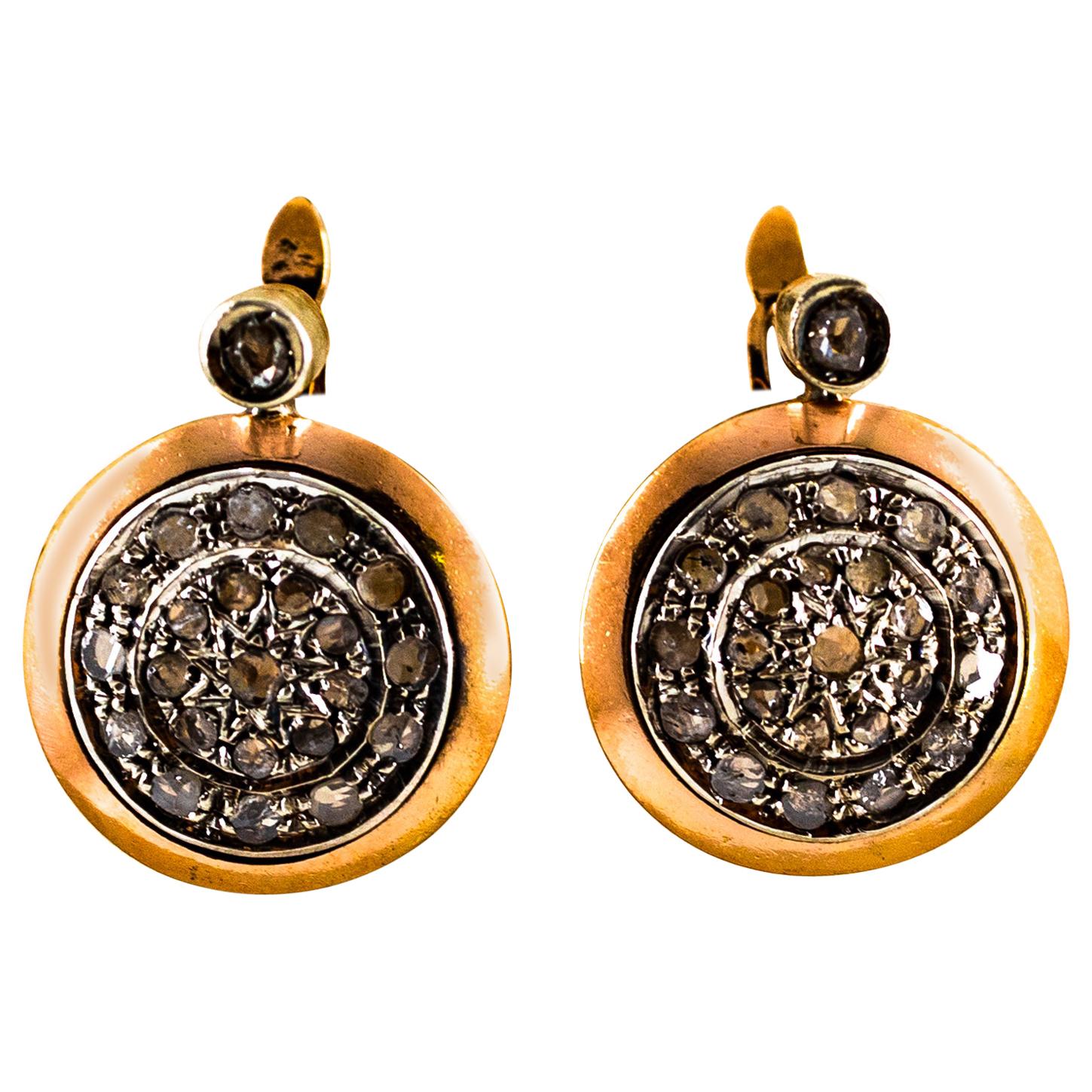 Pendants d'oreilles en or jaune de style Art déco avec diamants blancs et roses de 0,80 carat
