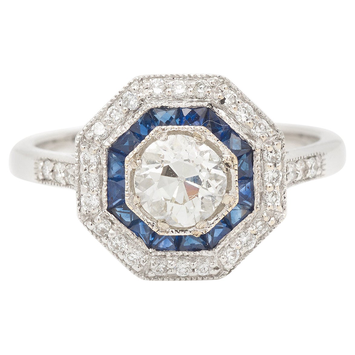 Art Deco Style 0.80 Carats Diamonds Sapphires 18 Carat White Gold Ring For Sale