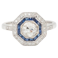 Art Deco Style 0.80 Carats Diamonds Sapphires 18 Carat White Gold Ring