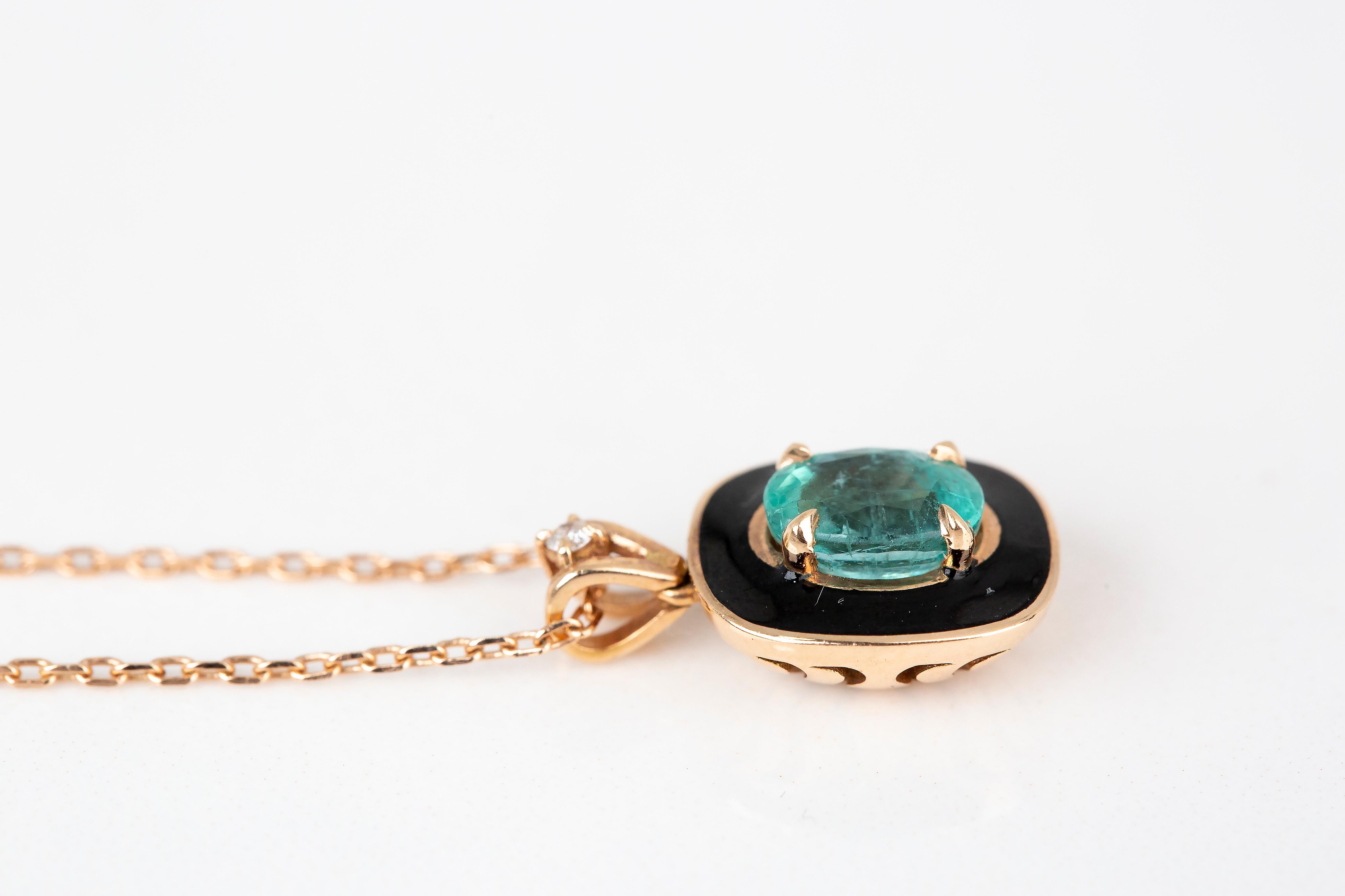 Art Deco Style 0.80 Ct Emerald 14K Rose Gold Necklace For Sale 3