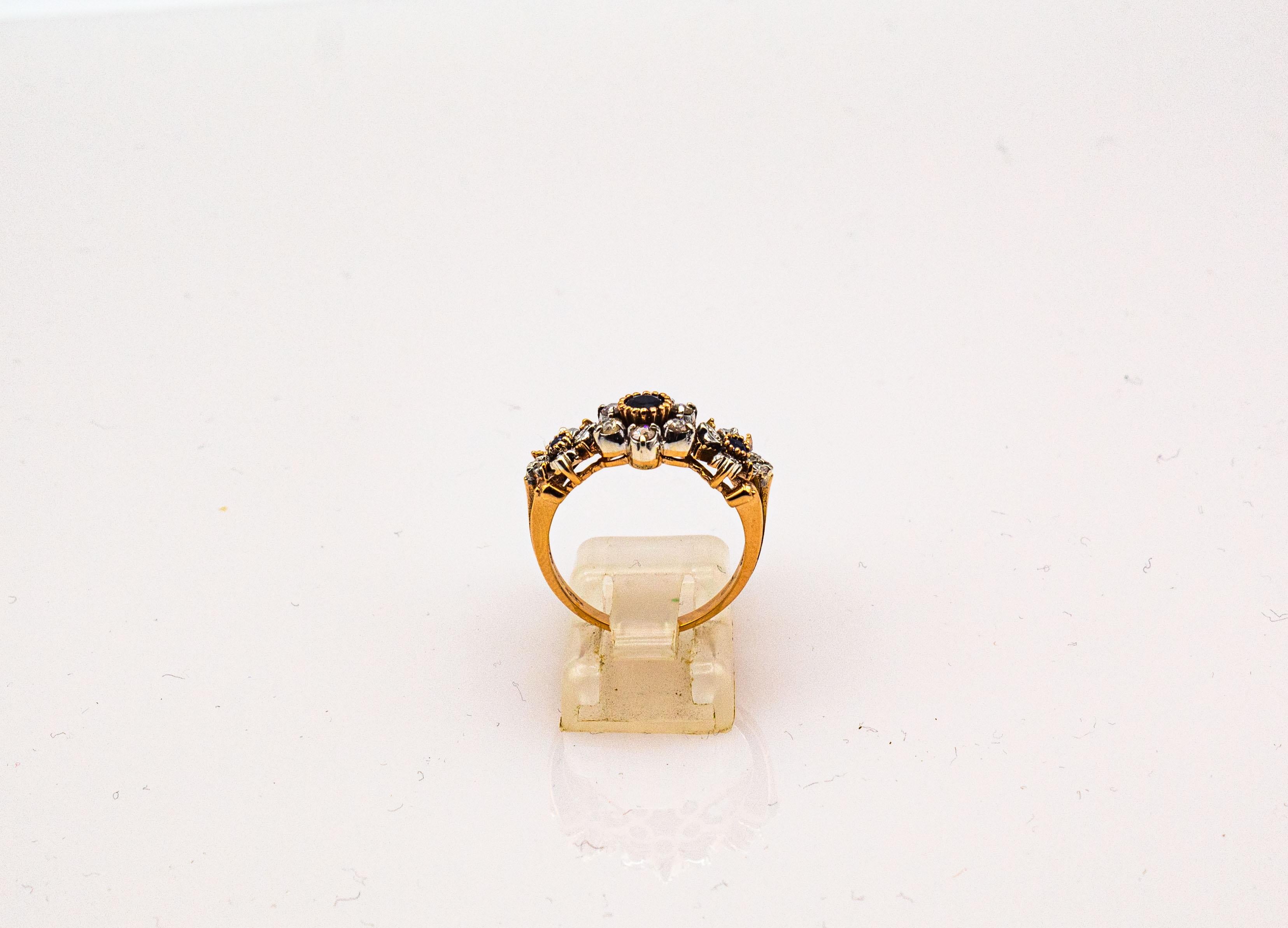 Art Deco Stil 0,82 Karat Weißer Diamant Blauer Saphir Gelbgold Band Ring (Rosenschliff) im Angebot
