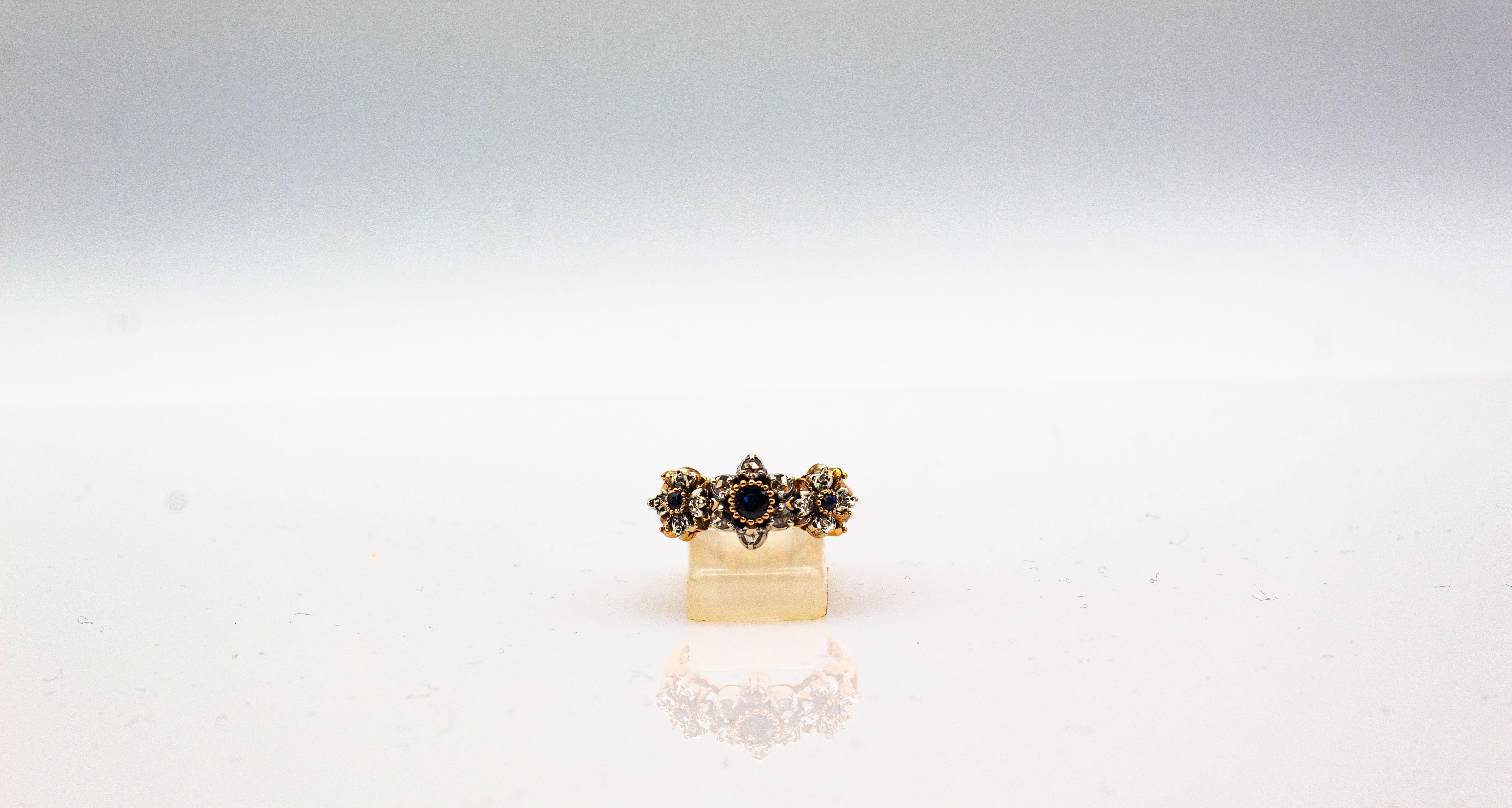 Art Deco Stil 0,82 Karat Weißer Diamant Blauer Saphir Gelbgold Band Ring für Damen oder Herren im Angebot