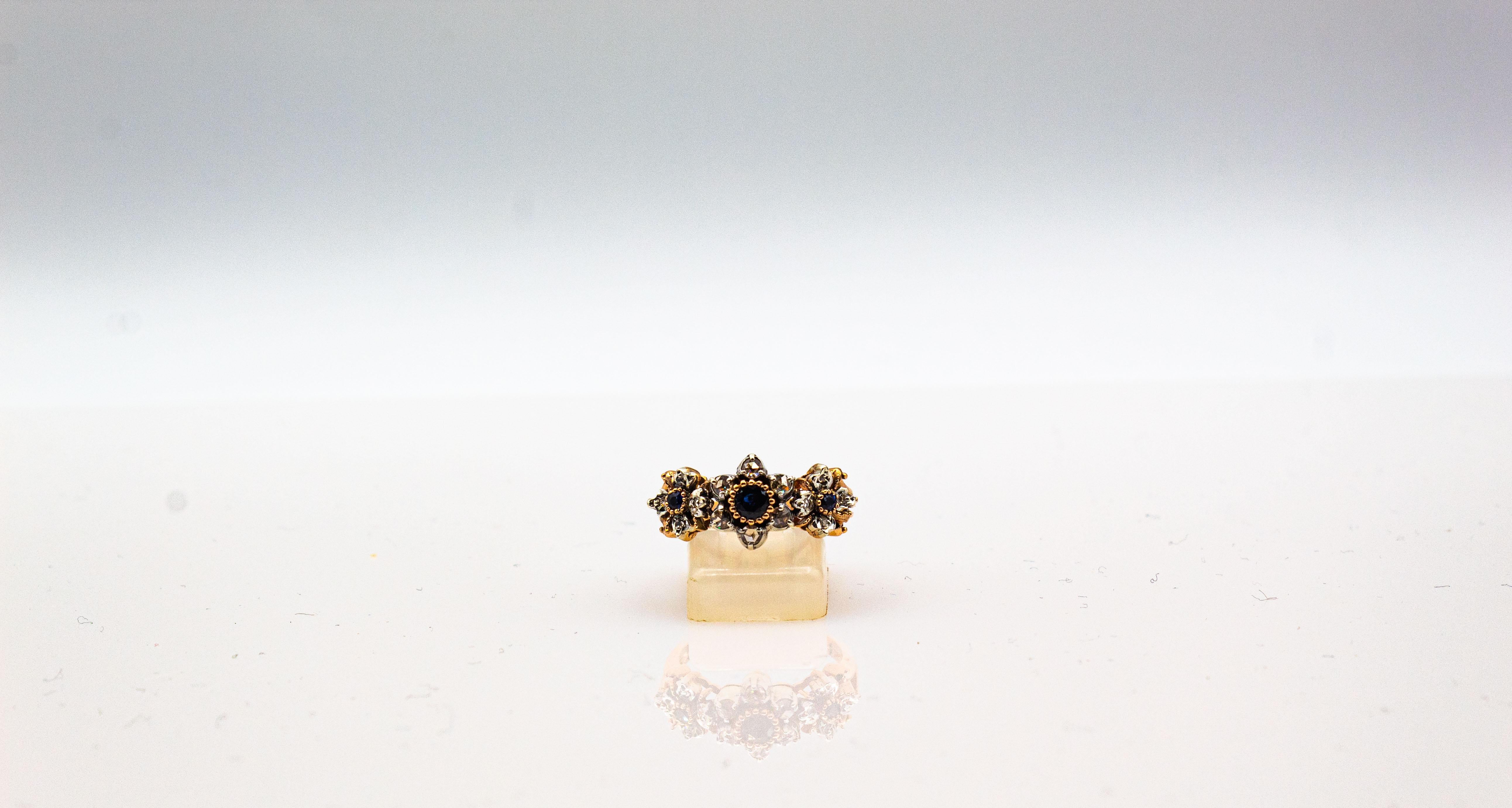 da uomo o donna Anello a fascia in oro giallo con diamante bianco e zaffiro blu da 0,82 carati in stile Art Deco in vendita